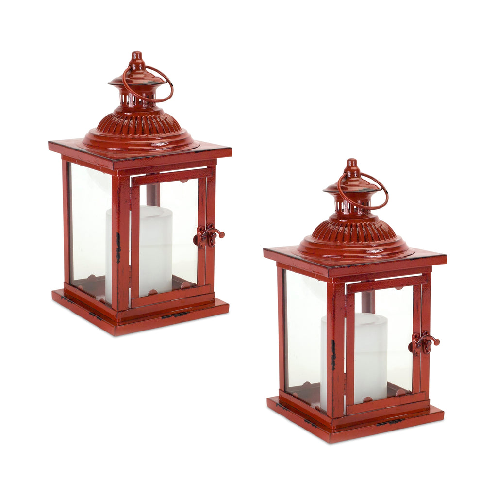 Antique-Style-Red-Metal-Lantern-(set-of-2)-Red-decorative