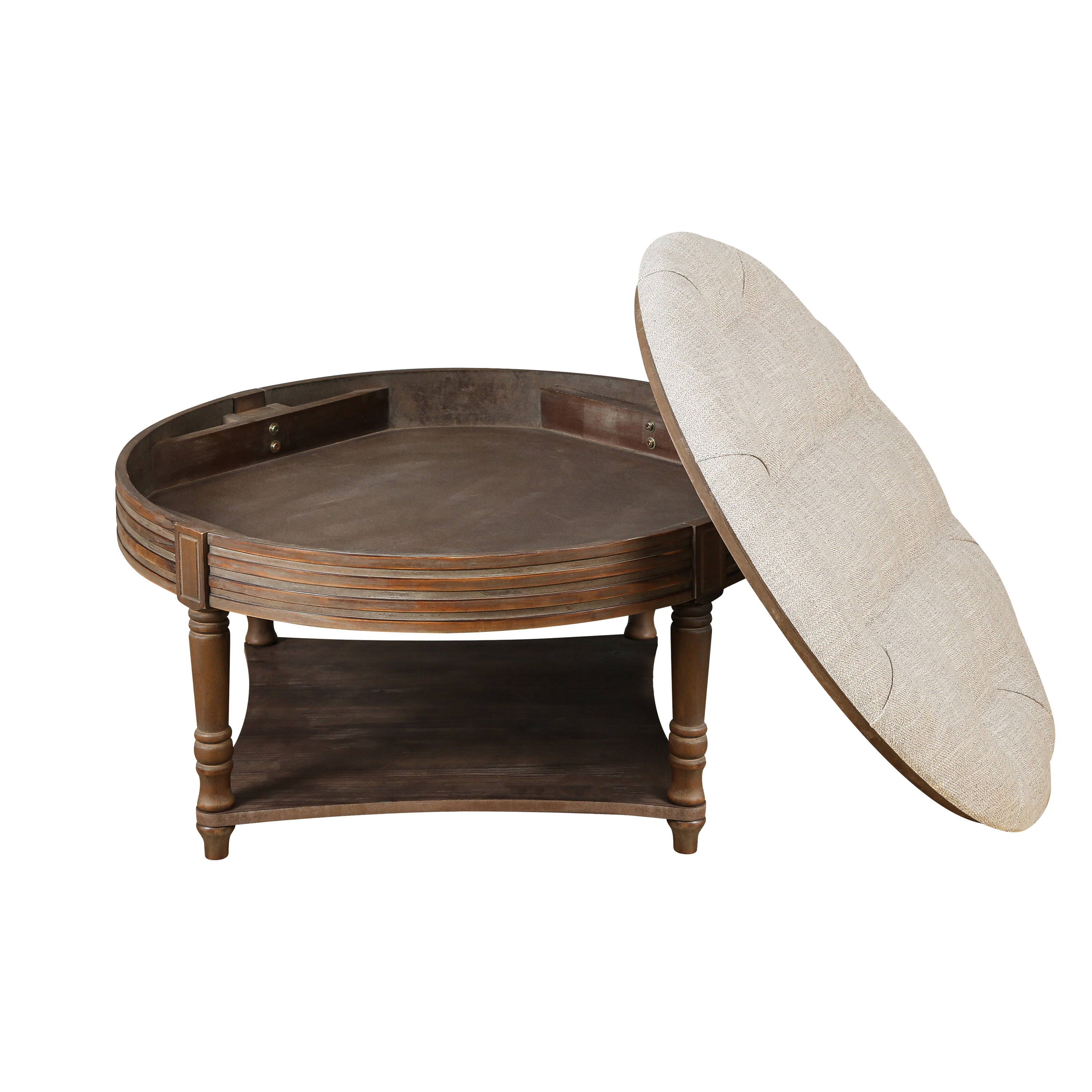 Captains Large Round Upholstered Ottoman with Bottom Shelf