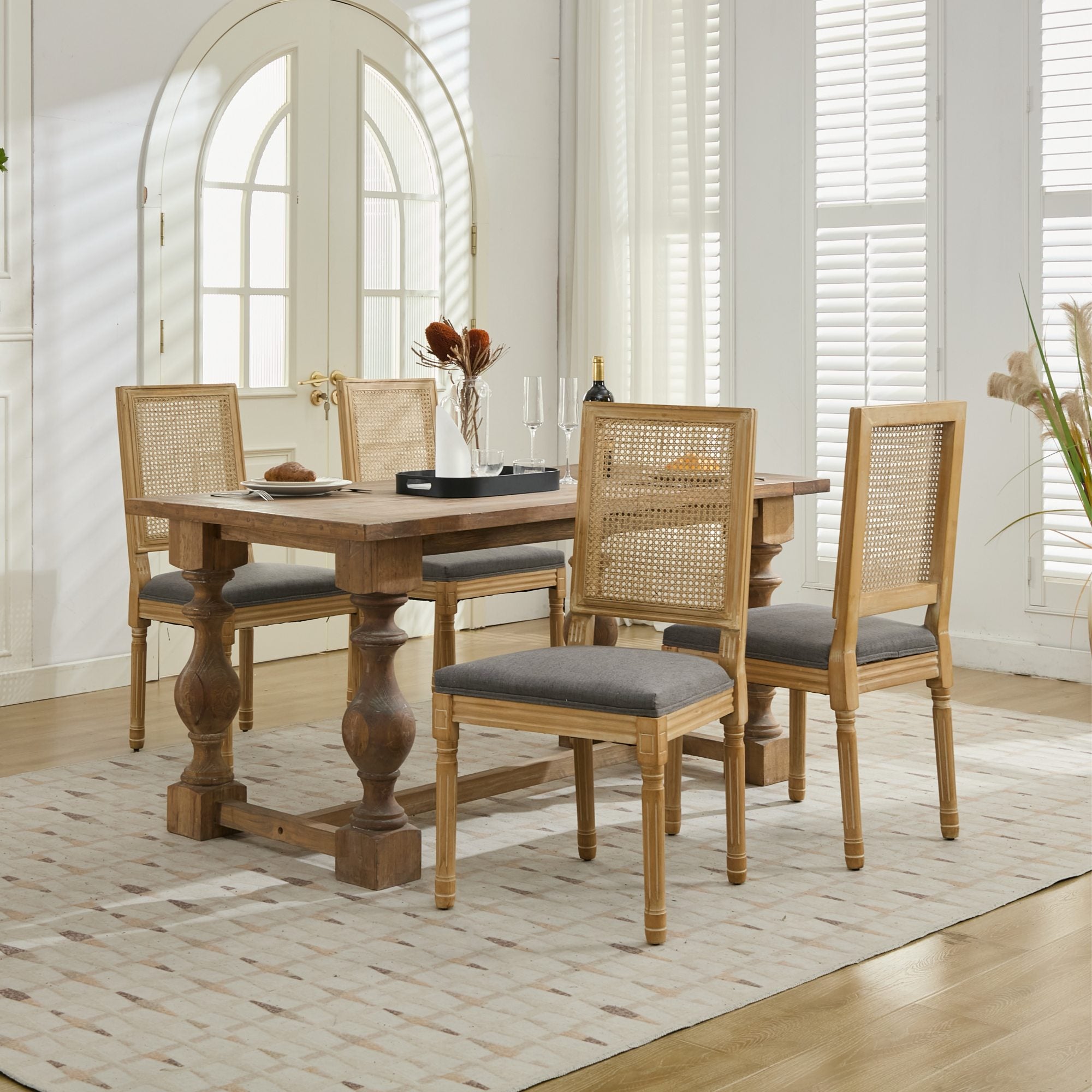Louis French Country Dining Chairs with Square Rattan Backrest, Set of 2