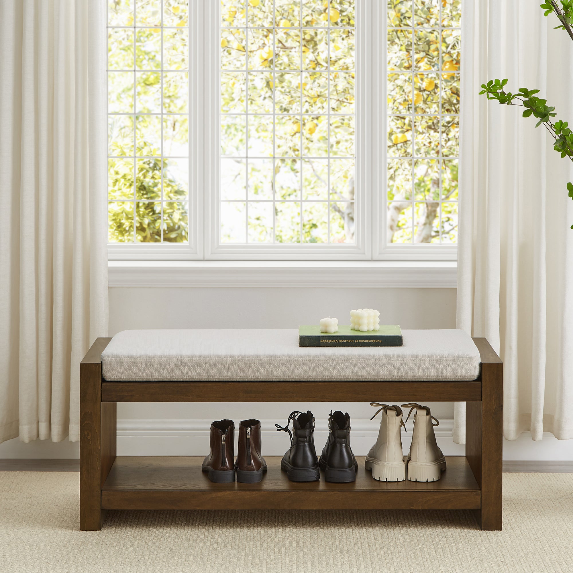 Accent Bench with Lower Shelf Shoe Rack and Padded Seating