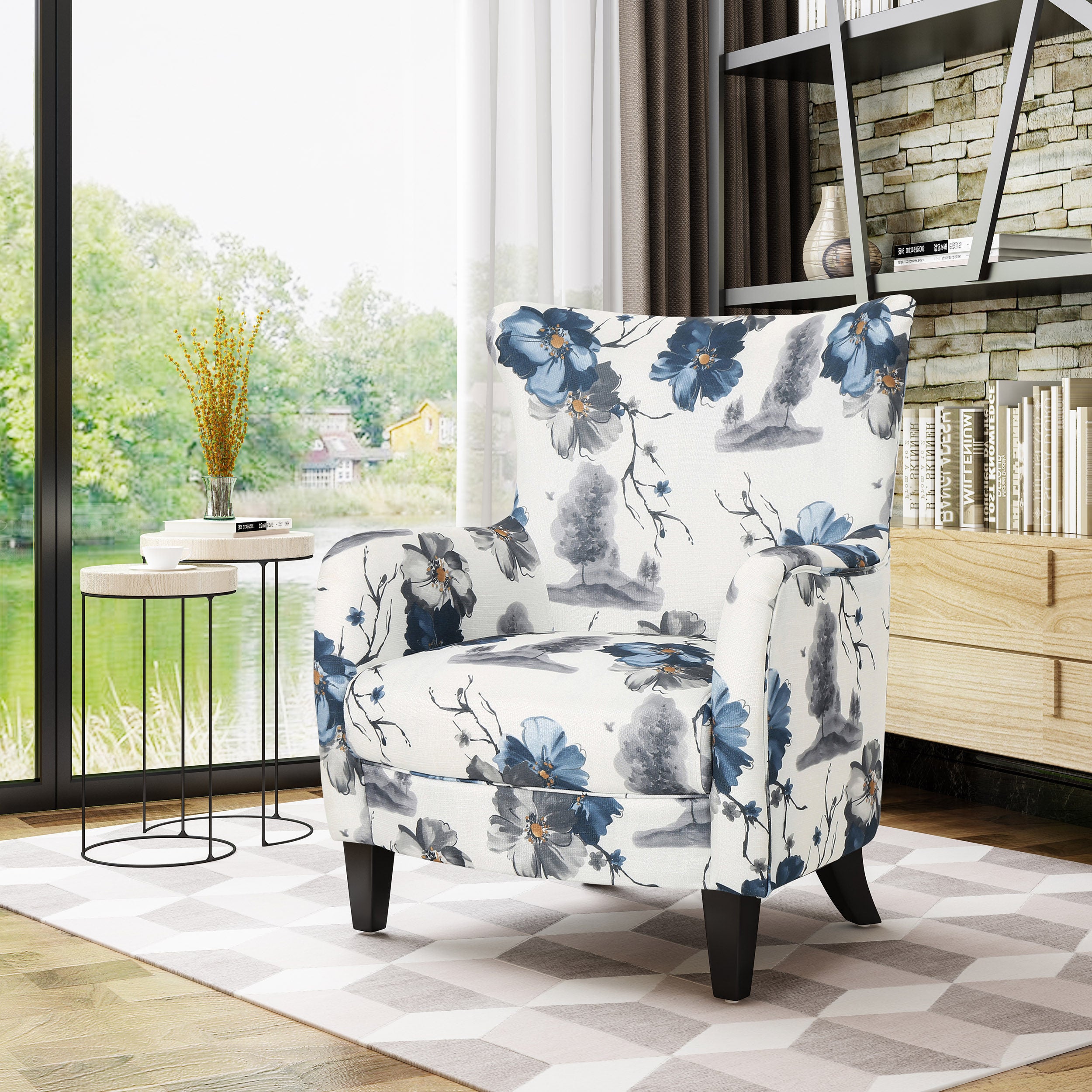Upholstered Club Chair with Patterned and Curved Armrest