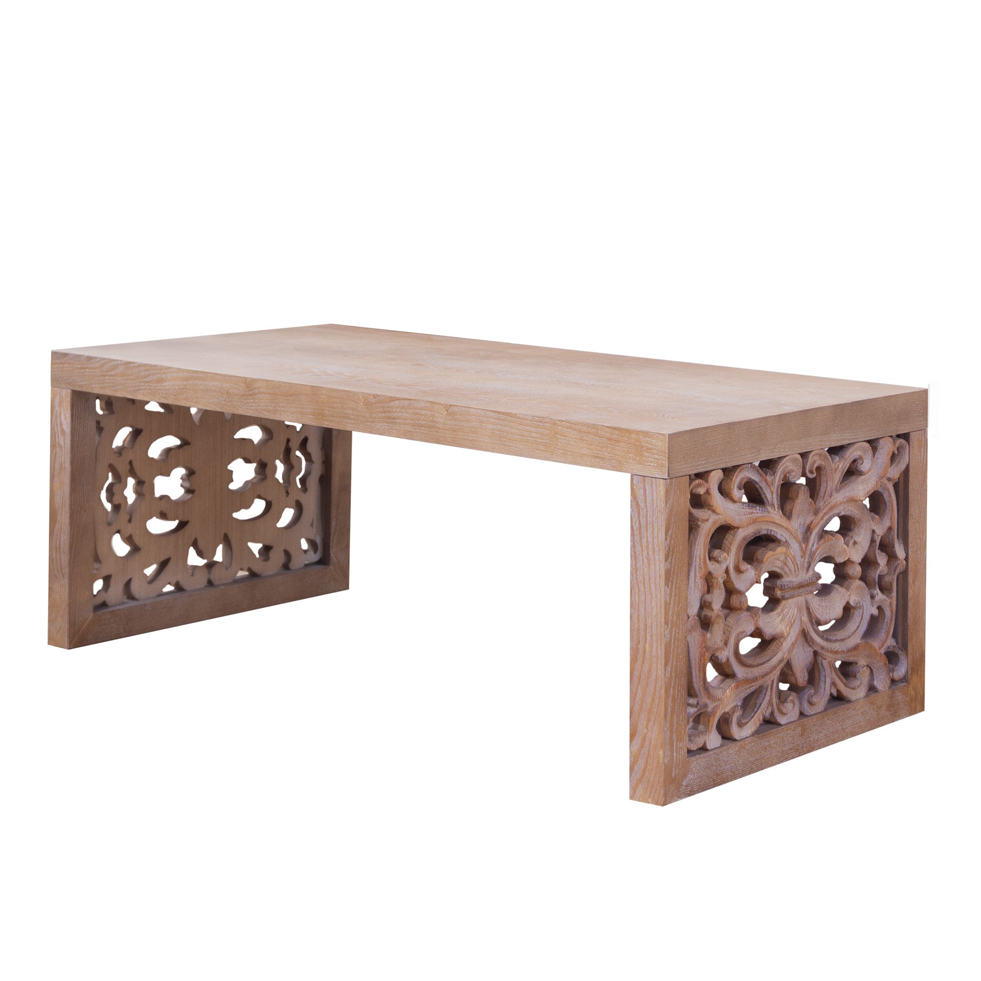 Handcrafted Rustic Wood Coffee Table with Ornate Side Panels