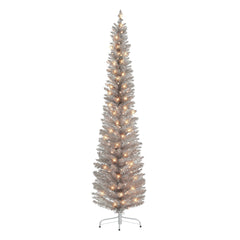 6 ft Pre-lit Rose Gold Tinsel Pencil Tree with Clear Lights & Metal stand