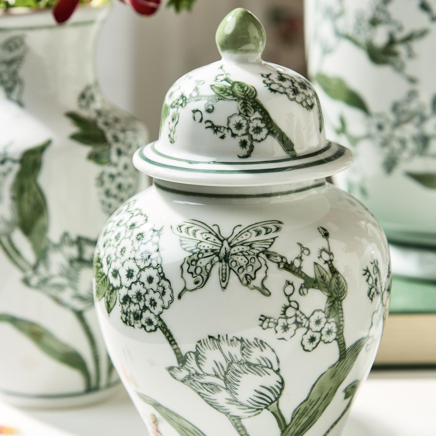 8" Primrose and Lotus Green and White Chinoiseire Jar with Lid