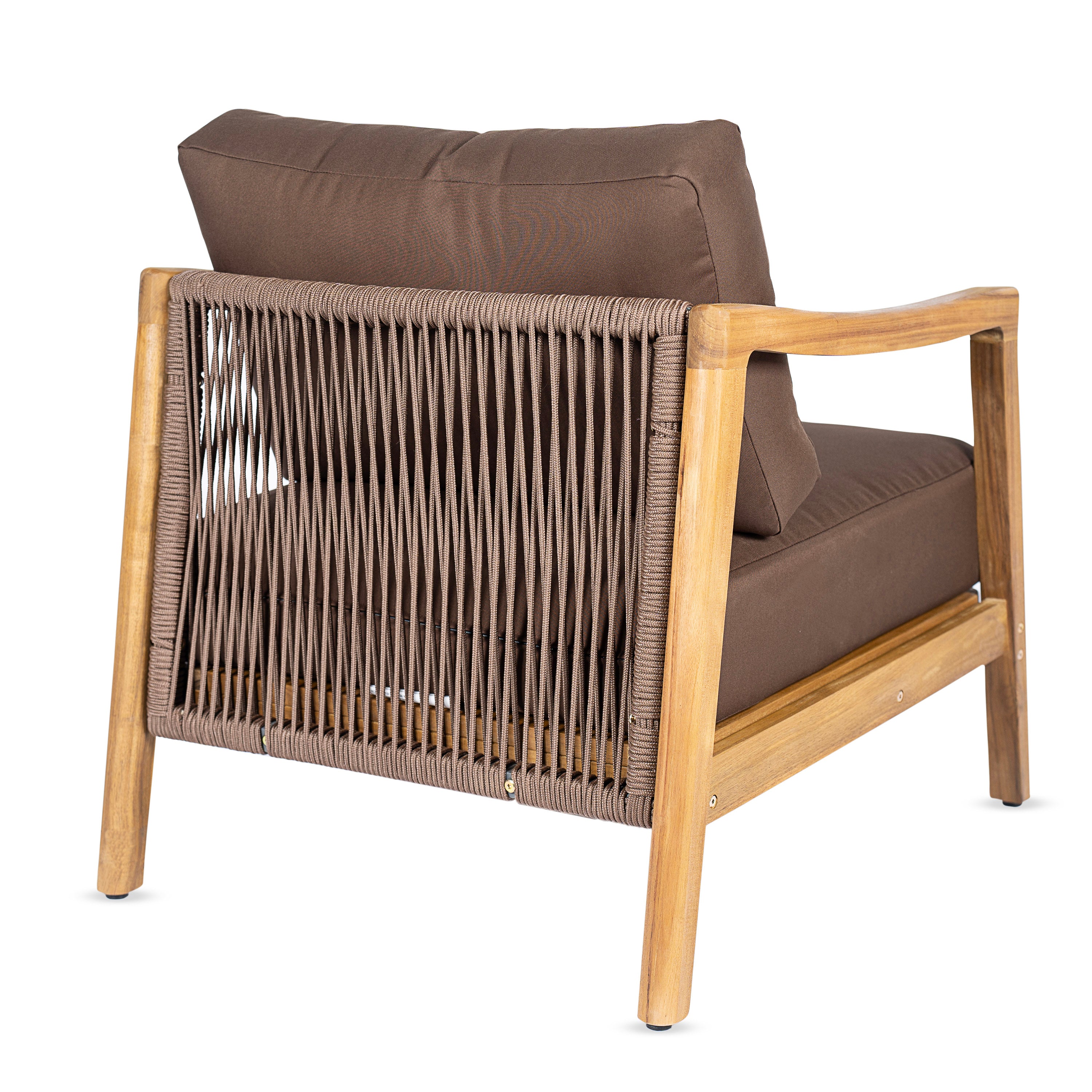 Outdoor Club Chair, Acacia Wood Frame with Rope Back Detail, Water-Repellent Beige Cushions