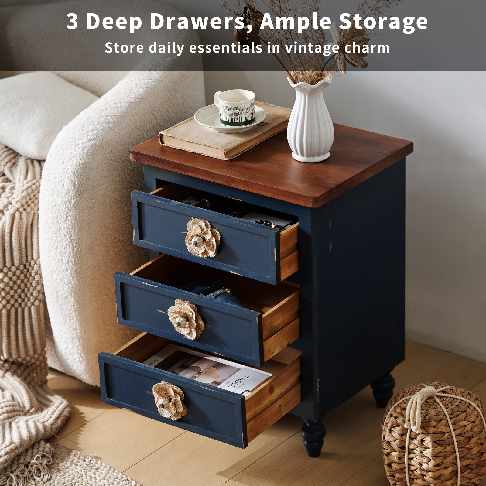 Vintage Farmhouse End Table with Floral Knobs