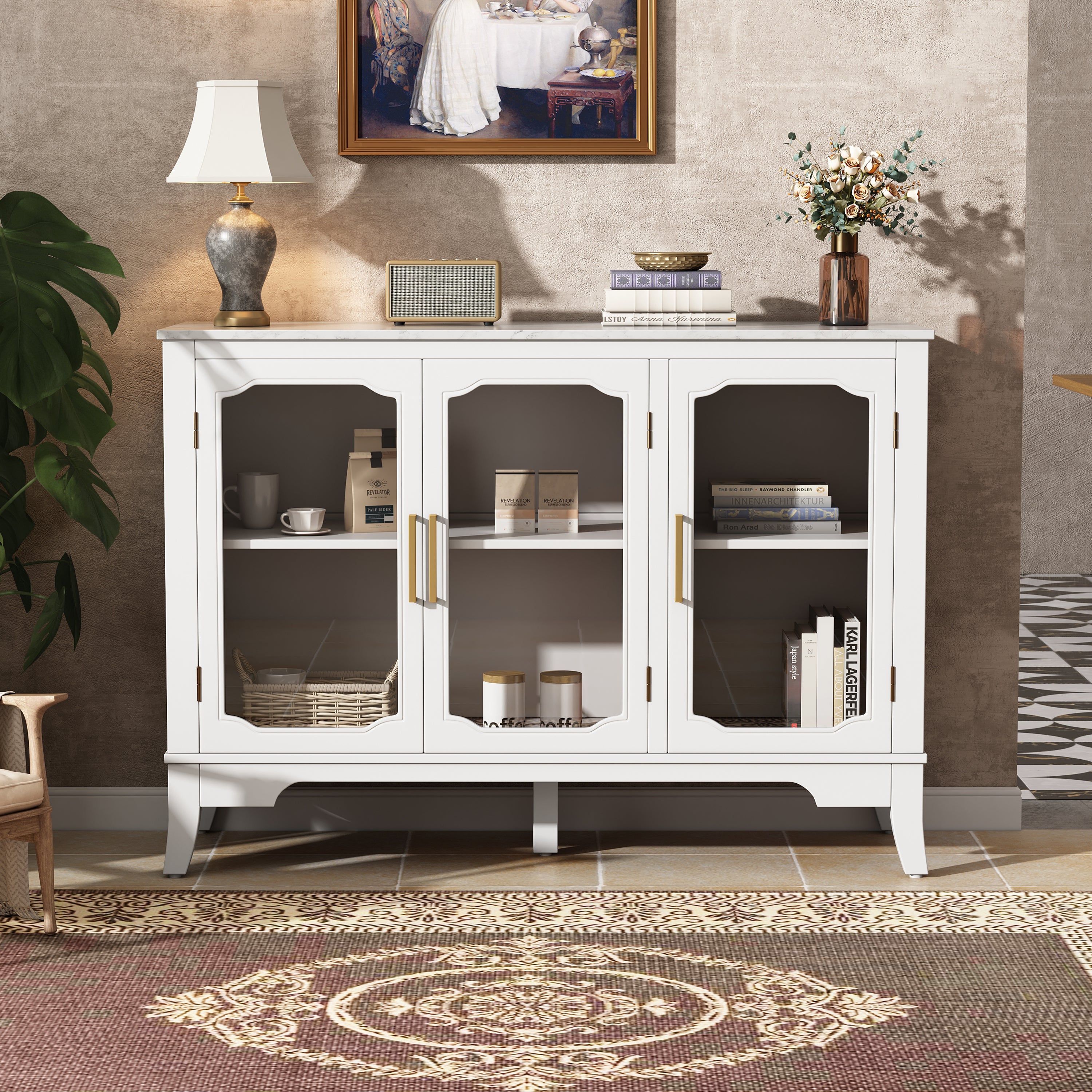 3-Door Storage Cabinet with Glass Doors