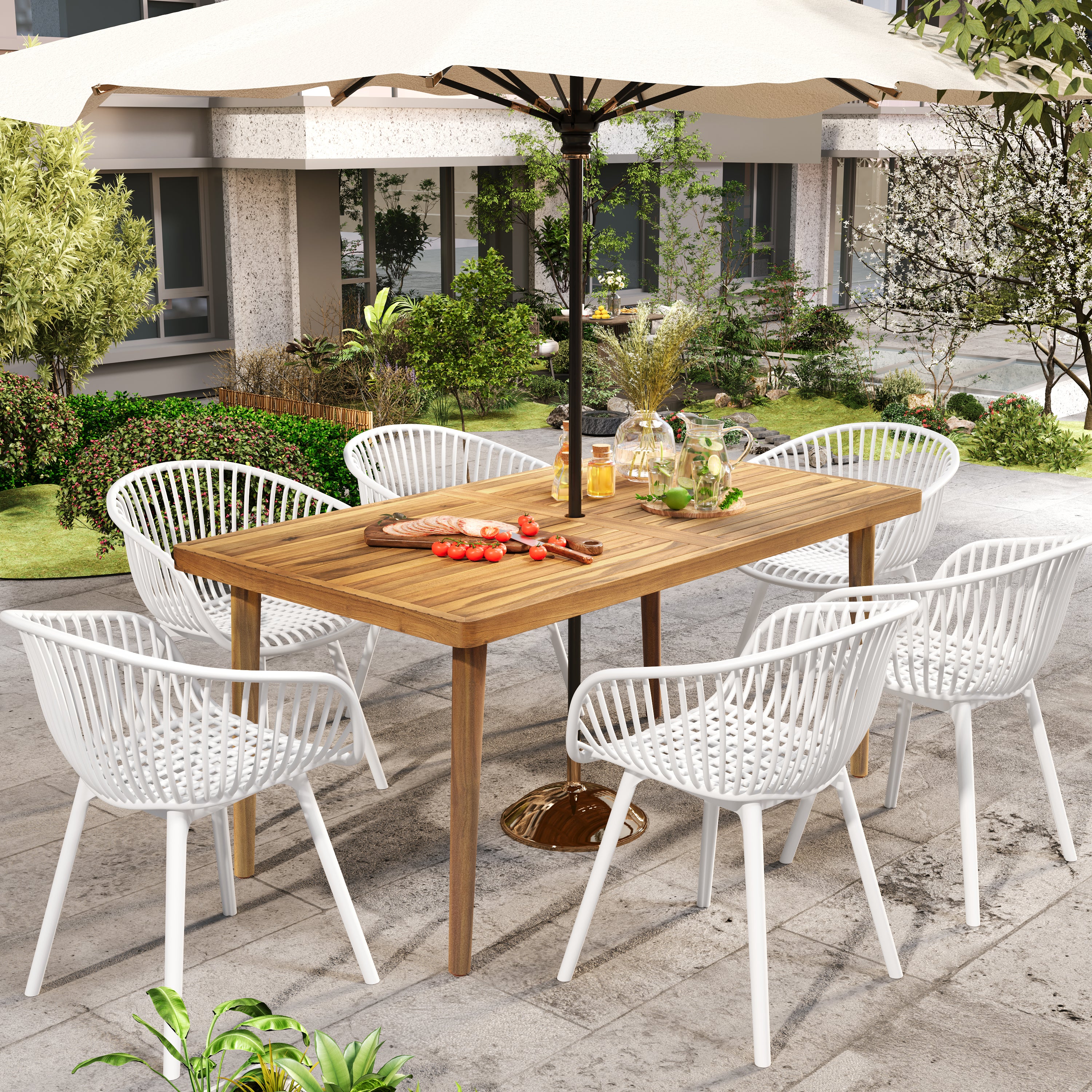 Annabergite 7-Piece Outdoor Dining Set with Wood Table and 6 Plastic Dining Chairs