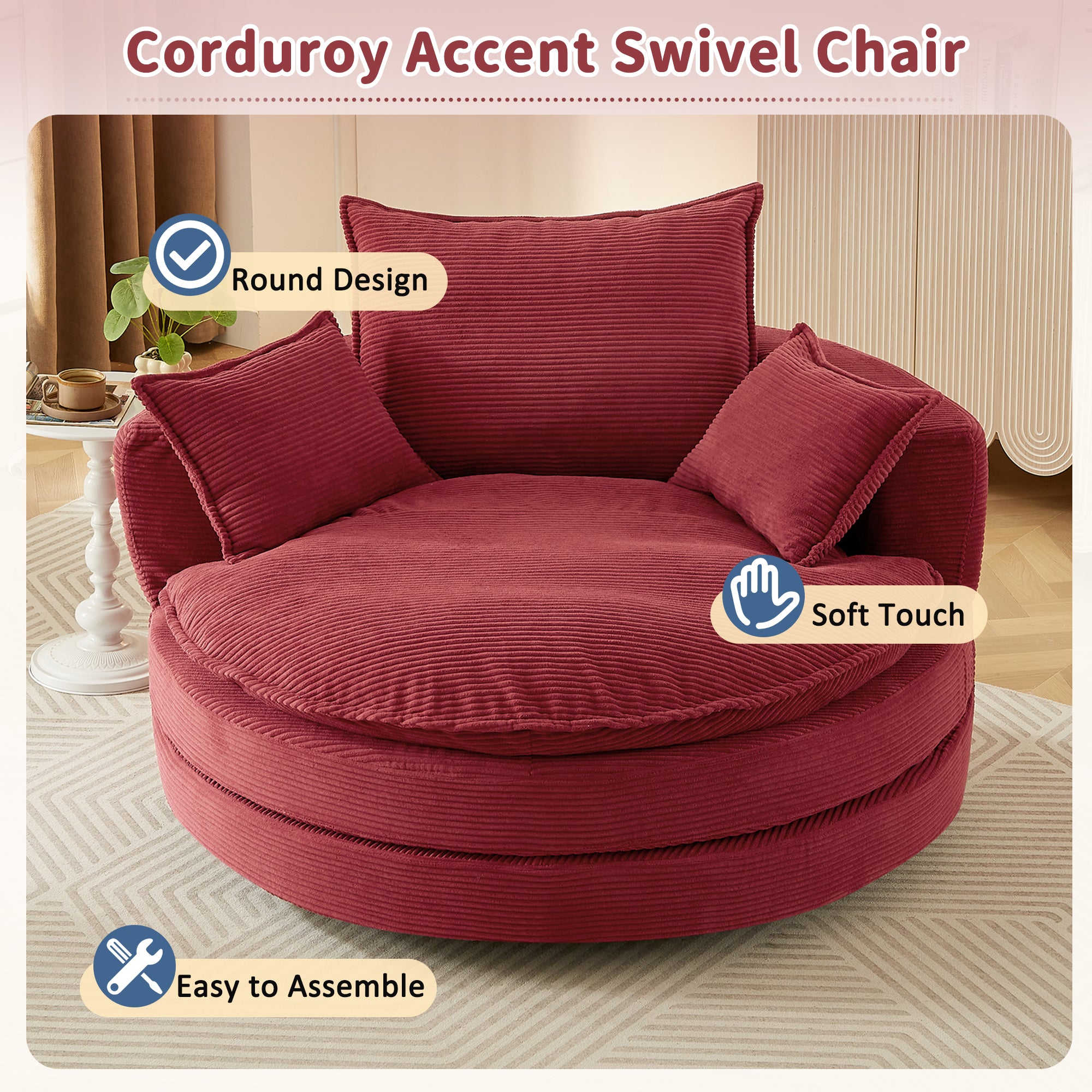 Corduroy 360° Swivel Accent Barrel Chair with 3 Removable Pillows