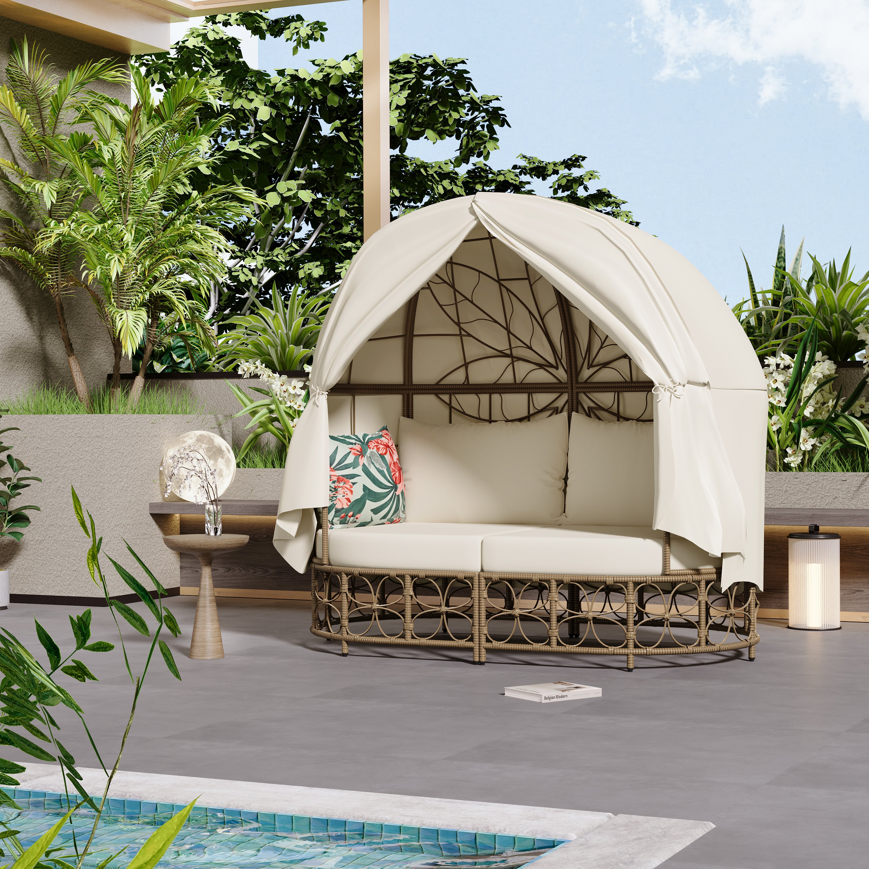 Outdoor Daybed with Curtain and Floral Pattern