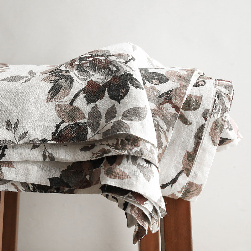 Handcrafted Linen Roses Tablecloth in Eggplant and Grey, 70 x 108 in