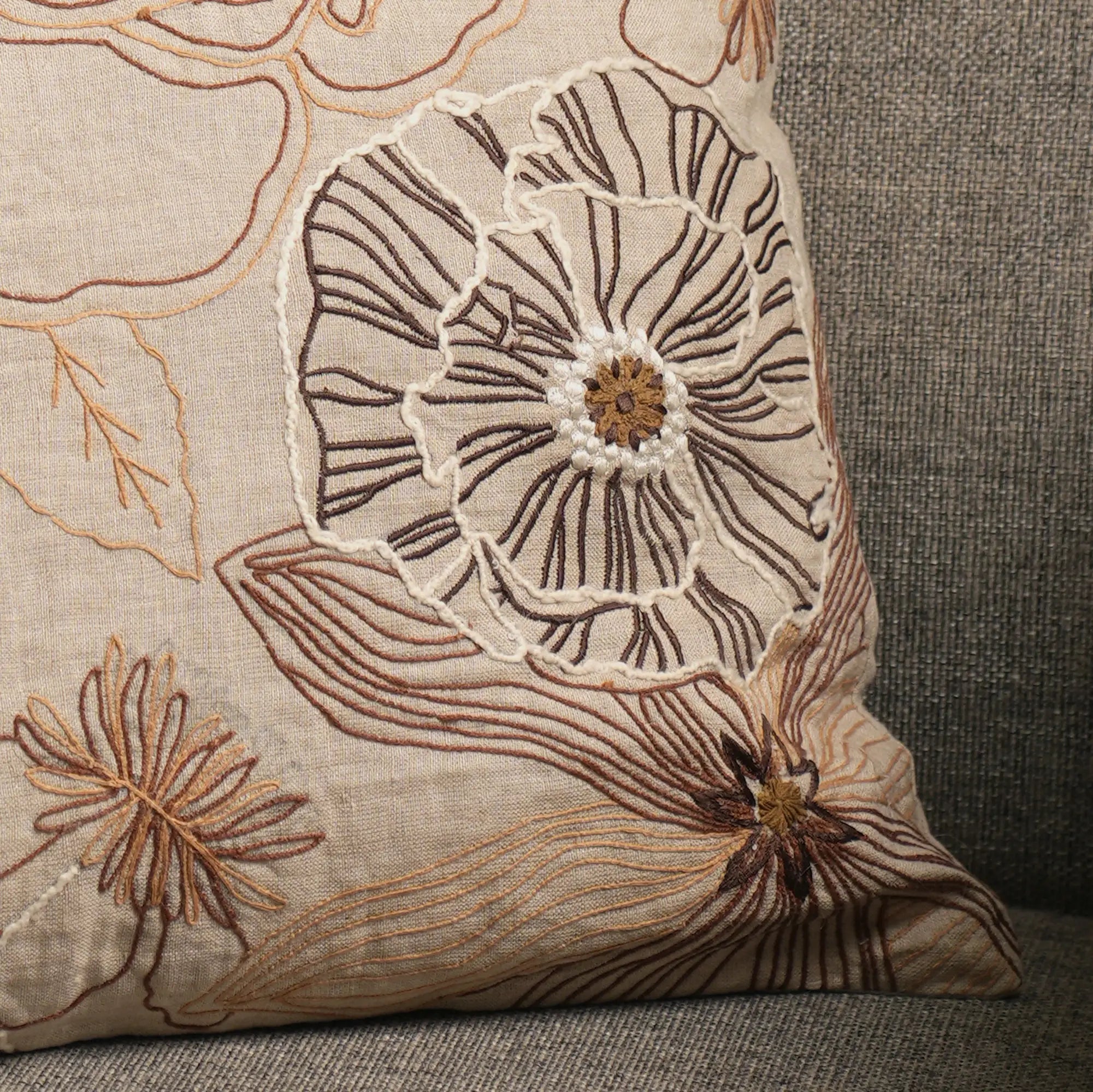 100% Linen Floral Embroidered Cushion