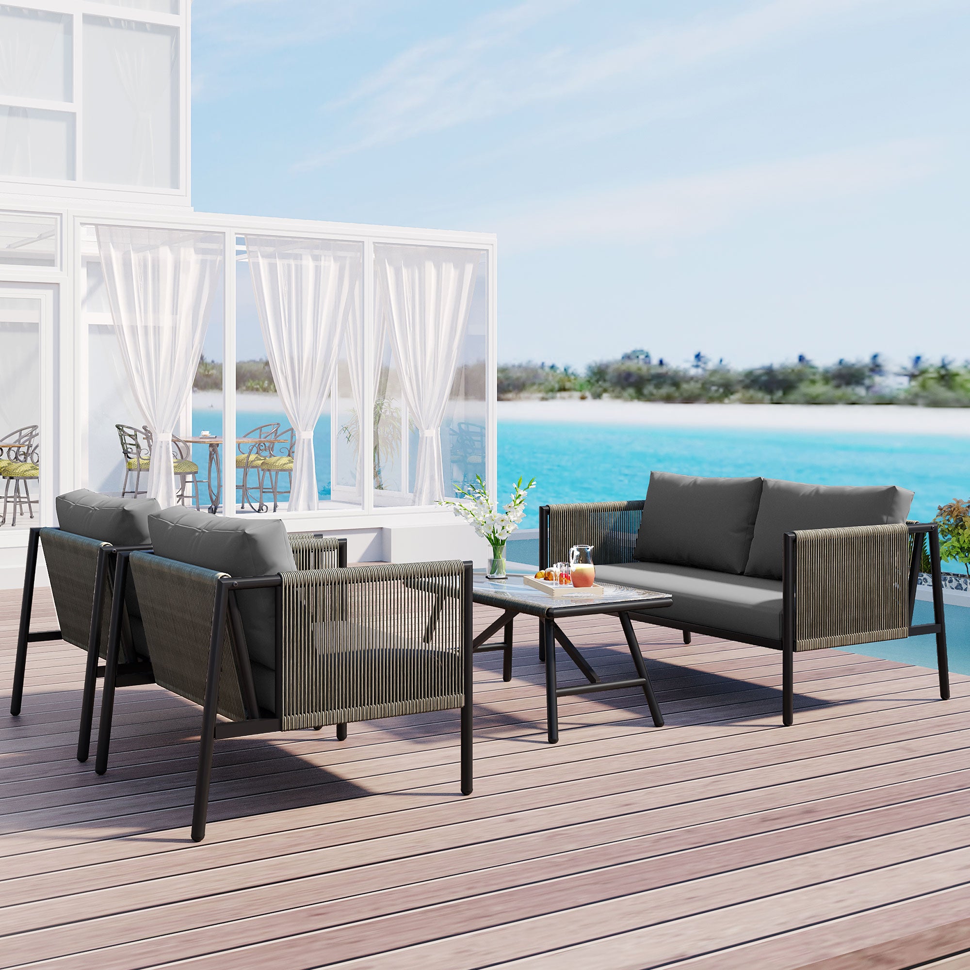 4-Piece Outdoor Sofa Set with Thick Cushions and Toughened Glass Table