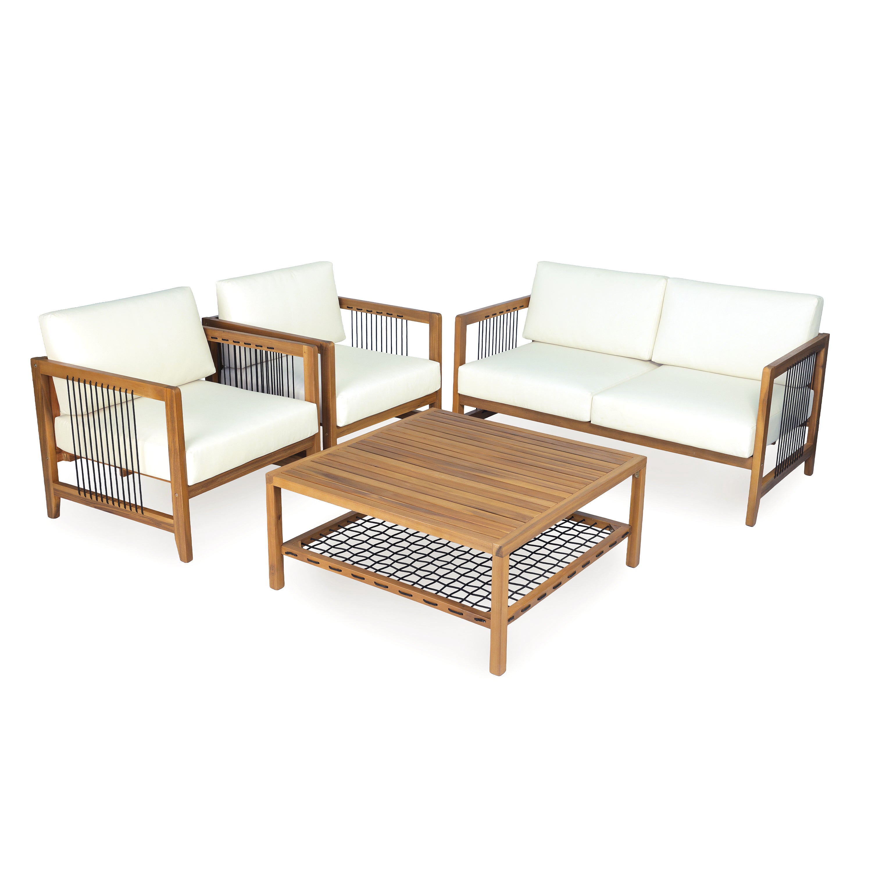 Sierra 4-Piece Acacia Wood Outdoor Patio Sofa Set with Black Rope Accents, Water-Resistant Cushions