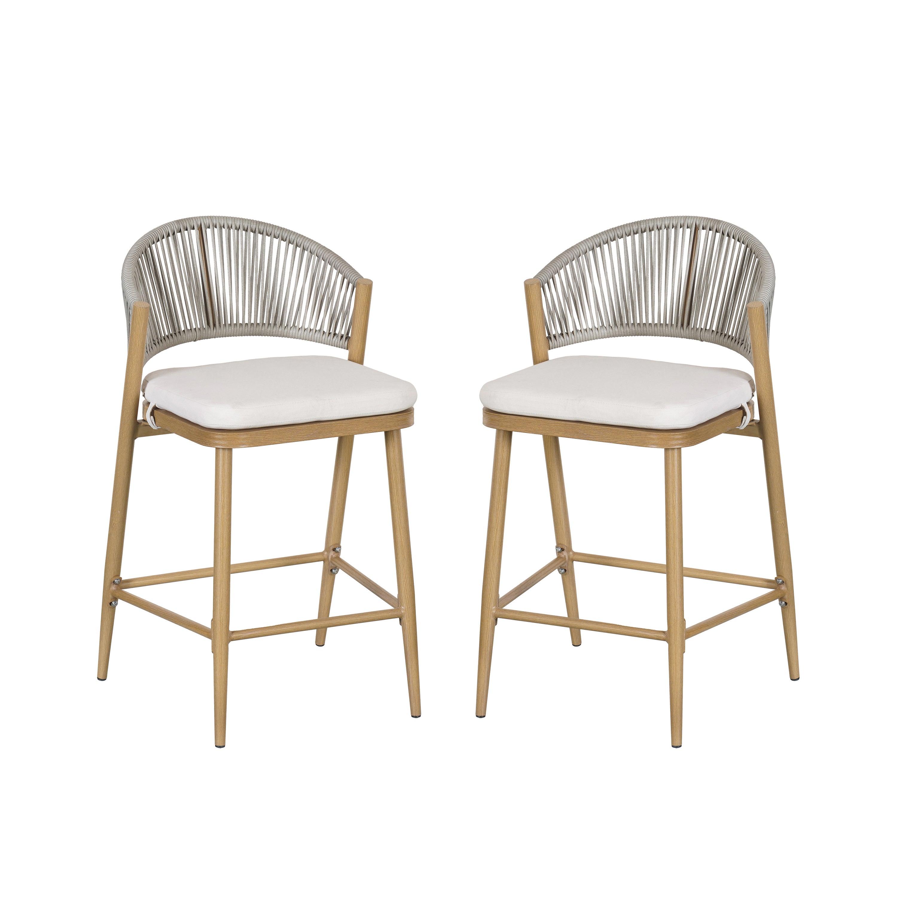 Outdoor Metal Frame Stools with Scallop-Shaped Backrest & Water-Resistant Cushions, Set of 2