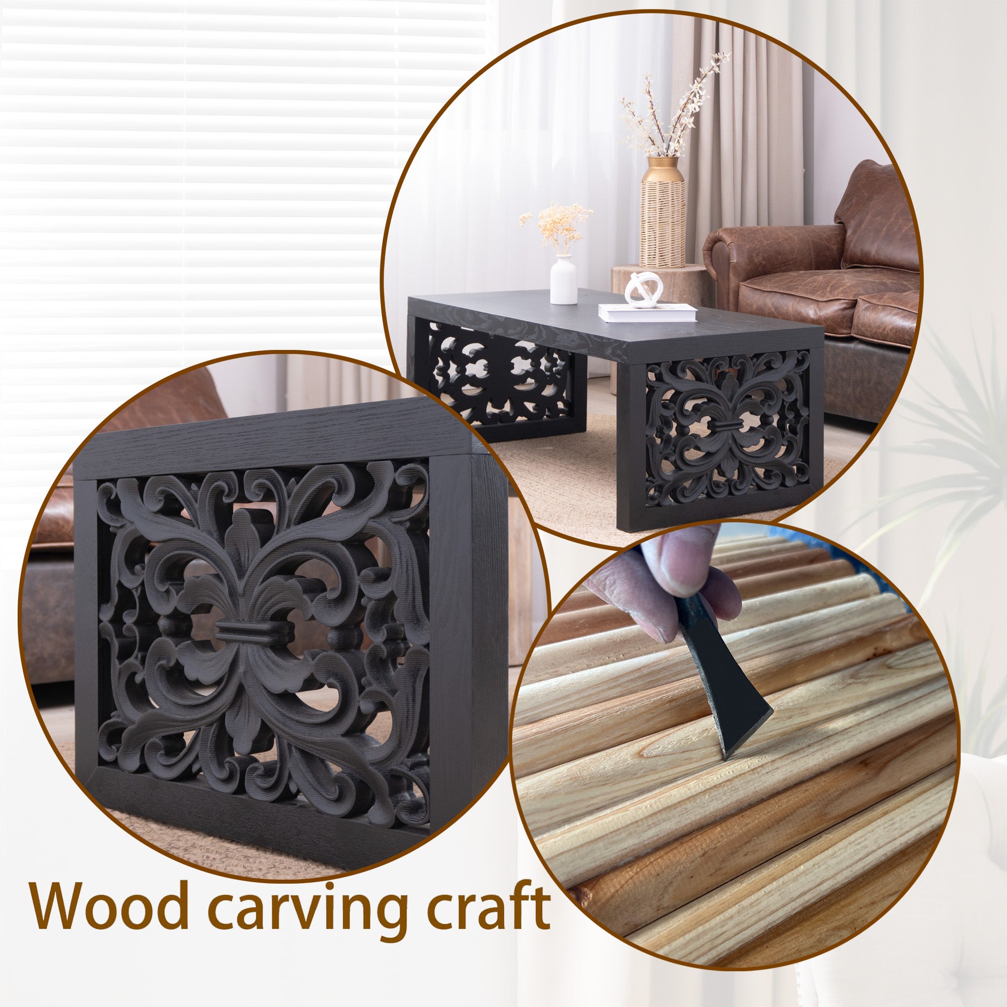 Handcrafted Rustic Wood Coffee Table with Ornate Side Panels