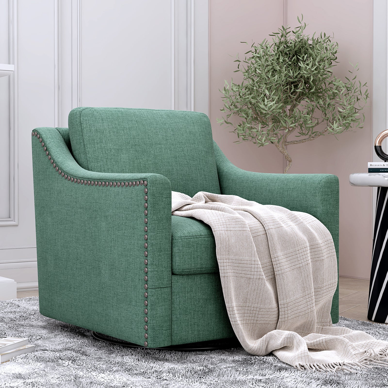 Teddy Fleece 360° Swivel Round Upholstered Comfy Accent Chair With Pillow