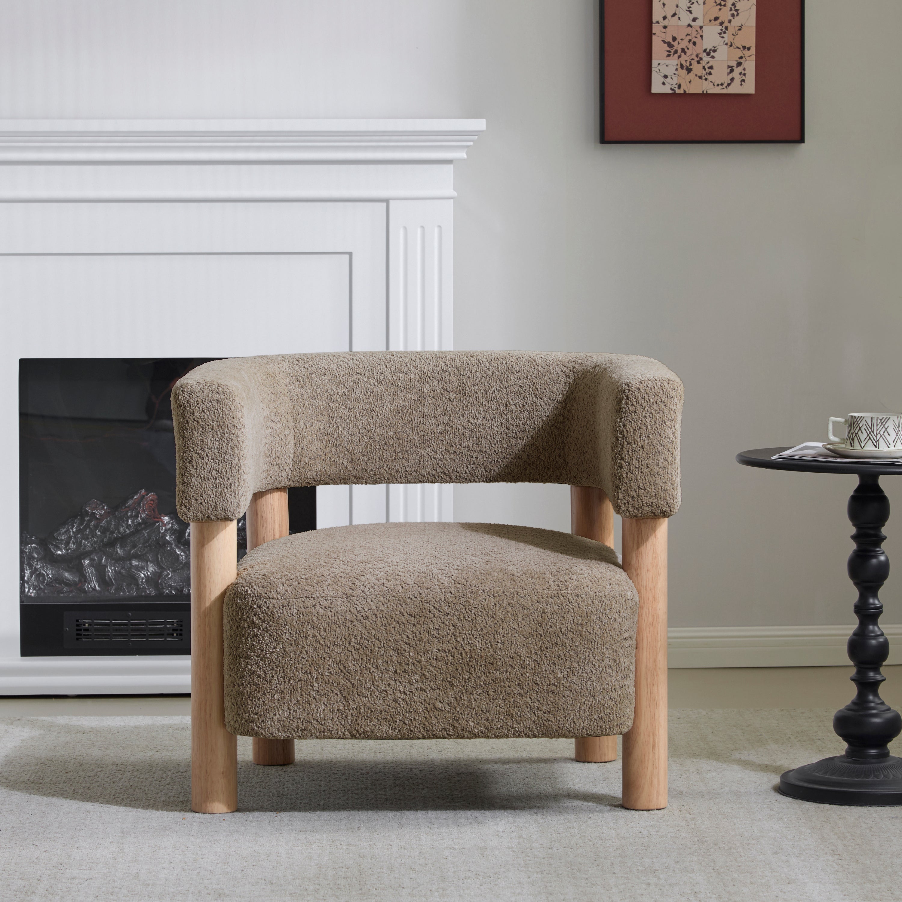 Boucle Upholstered Accent Arm Chair with Modern Wooden Frame