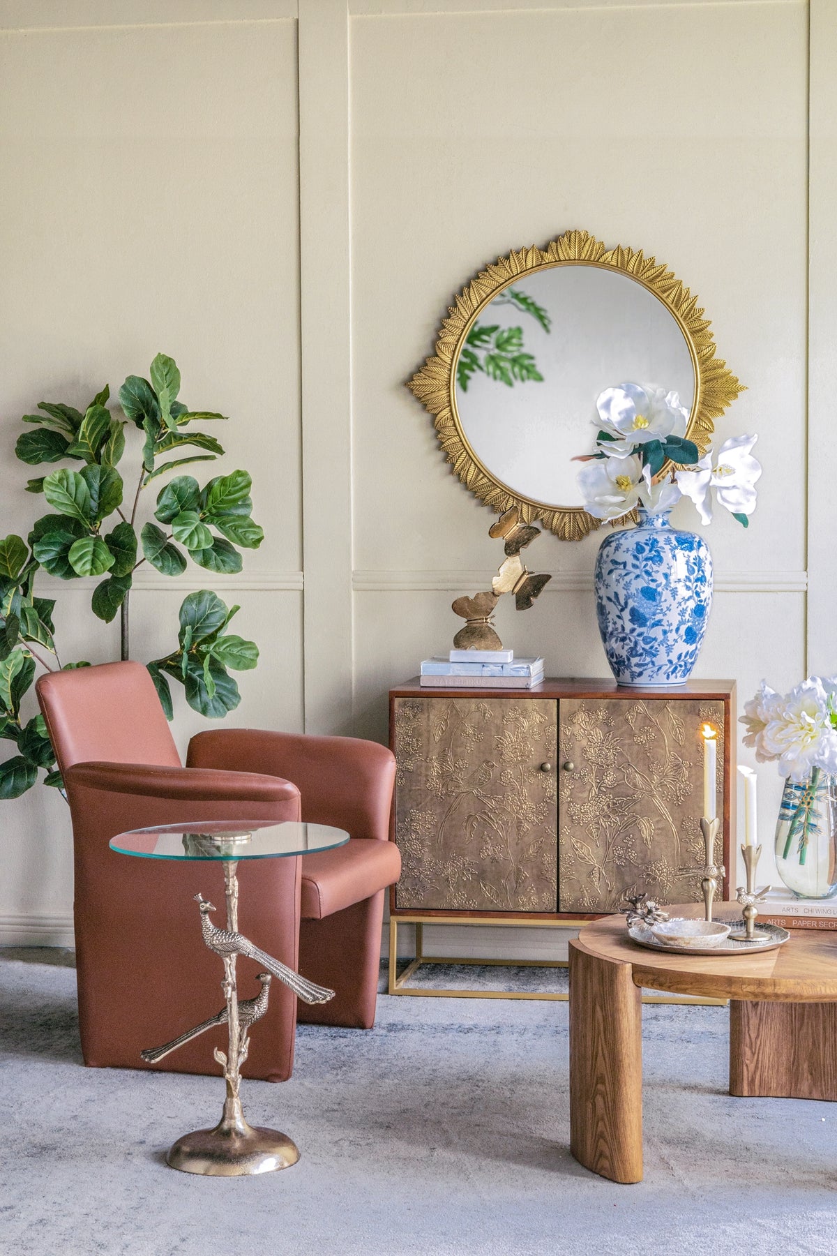 Gold Peacock Side Table With Round Glass Top