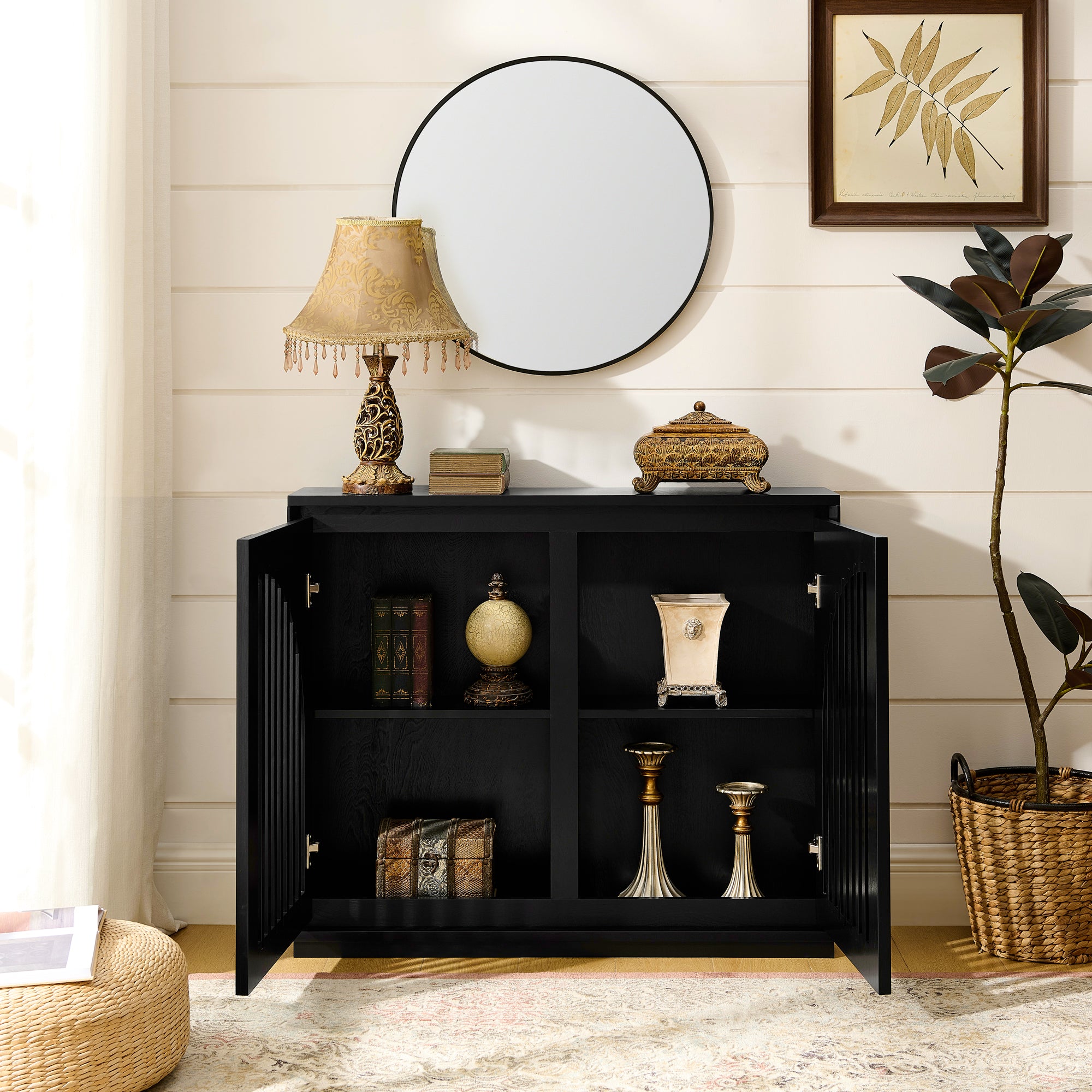 Mid-Century Modern Fluted Narrow Storage Cabinet with 2 Outlet Holes