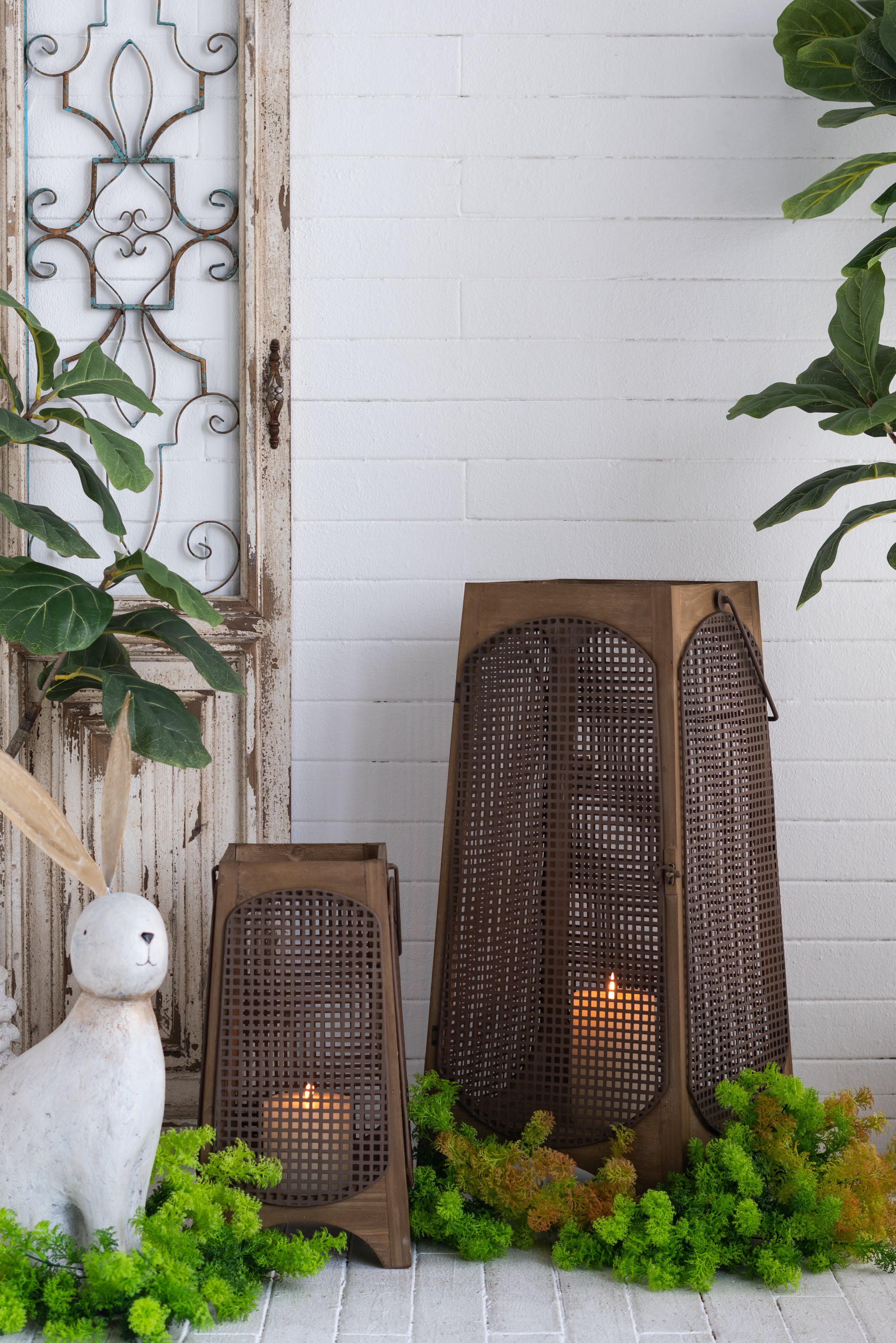 Weathered Brown Lanterns with Arched Legs, Set of 2