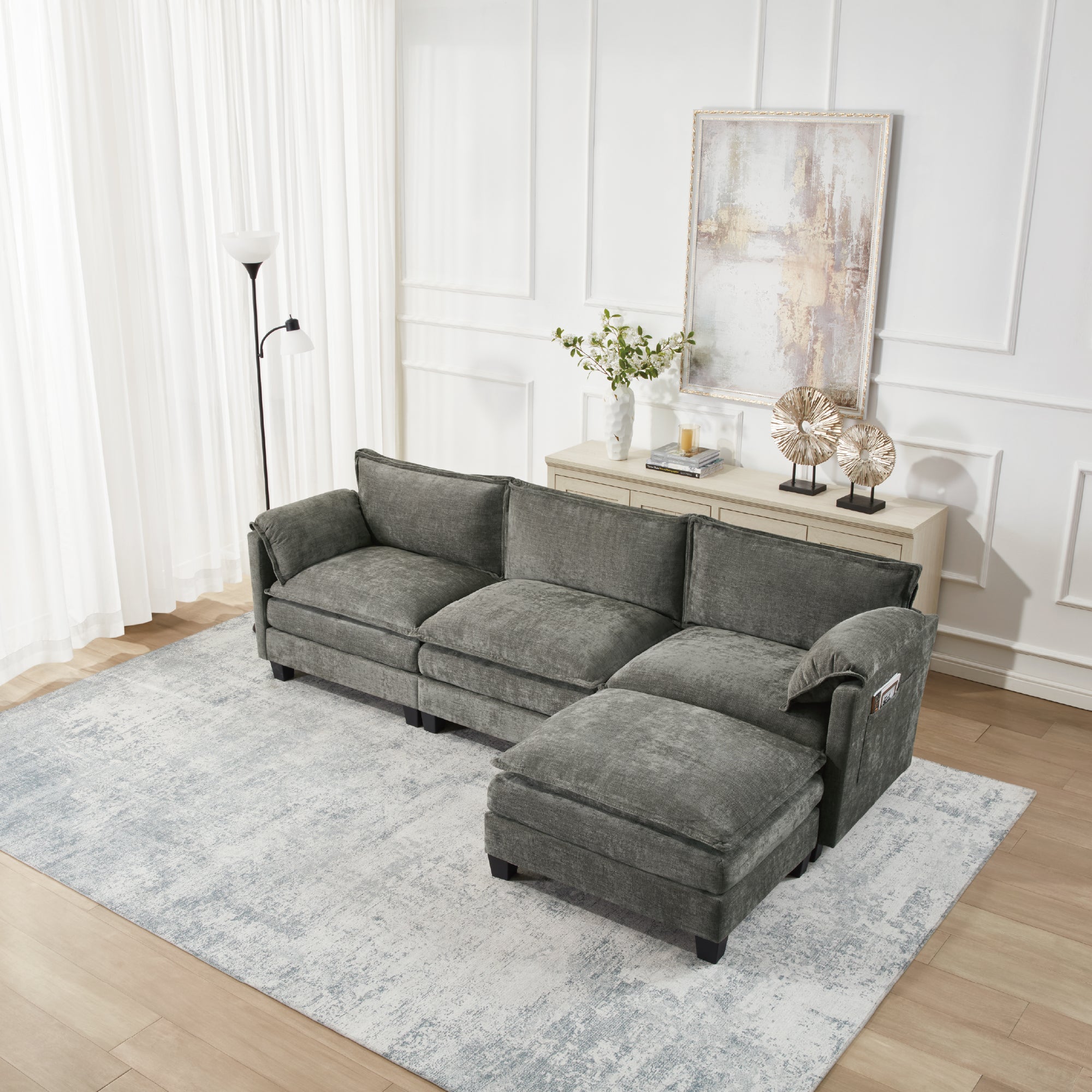 L-Shaped Corduroy Corner Sofa with Storage Armrest Cushions