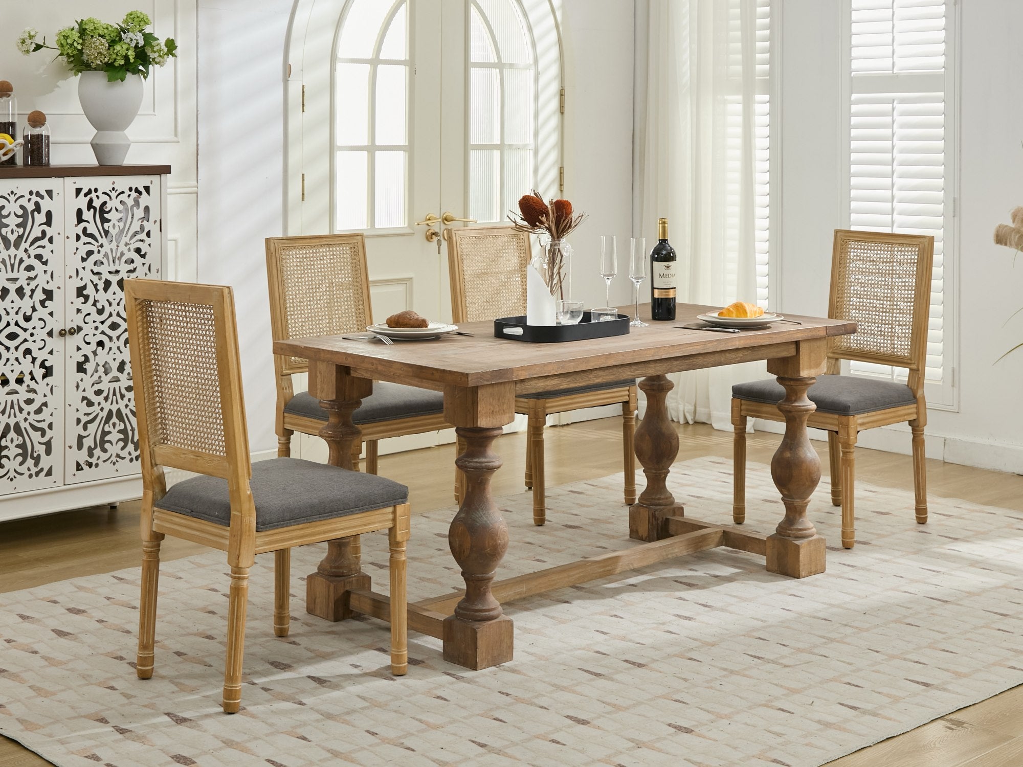 Louis French Country Dining Chairs with Square Rattan Backrest, Set of 2