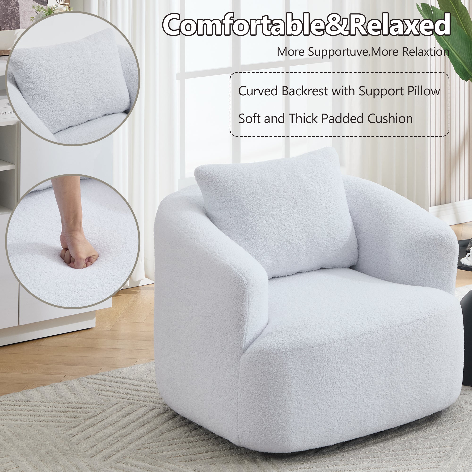 Teddy Fleece 360° Swivel Round Upholstered Comfy Accent Chair With Pillow