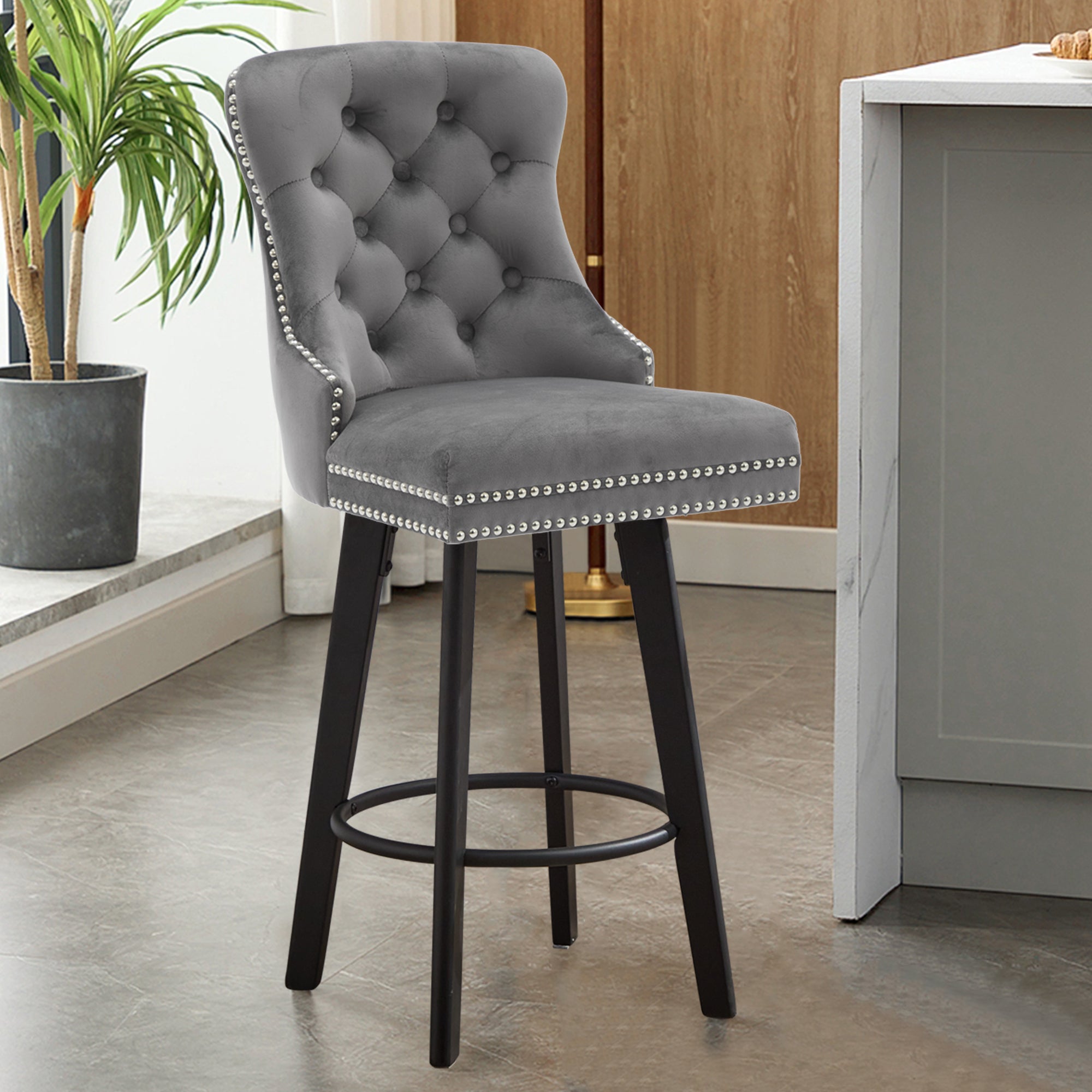 Modern Velvet Button Tufted Swivel Bar Stool with Metal Pull Ring