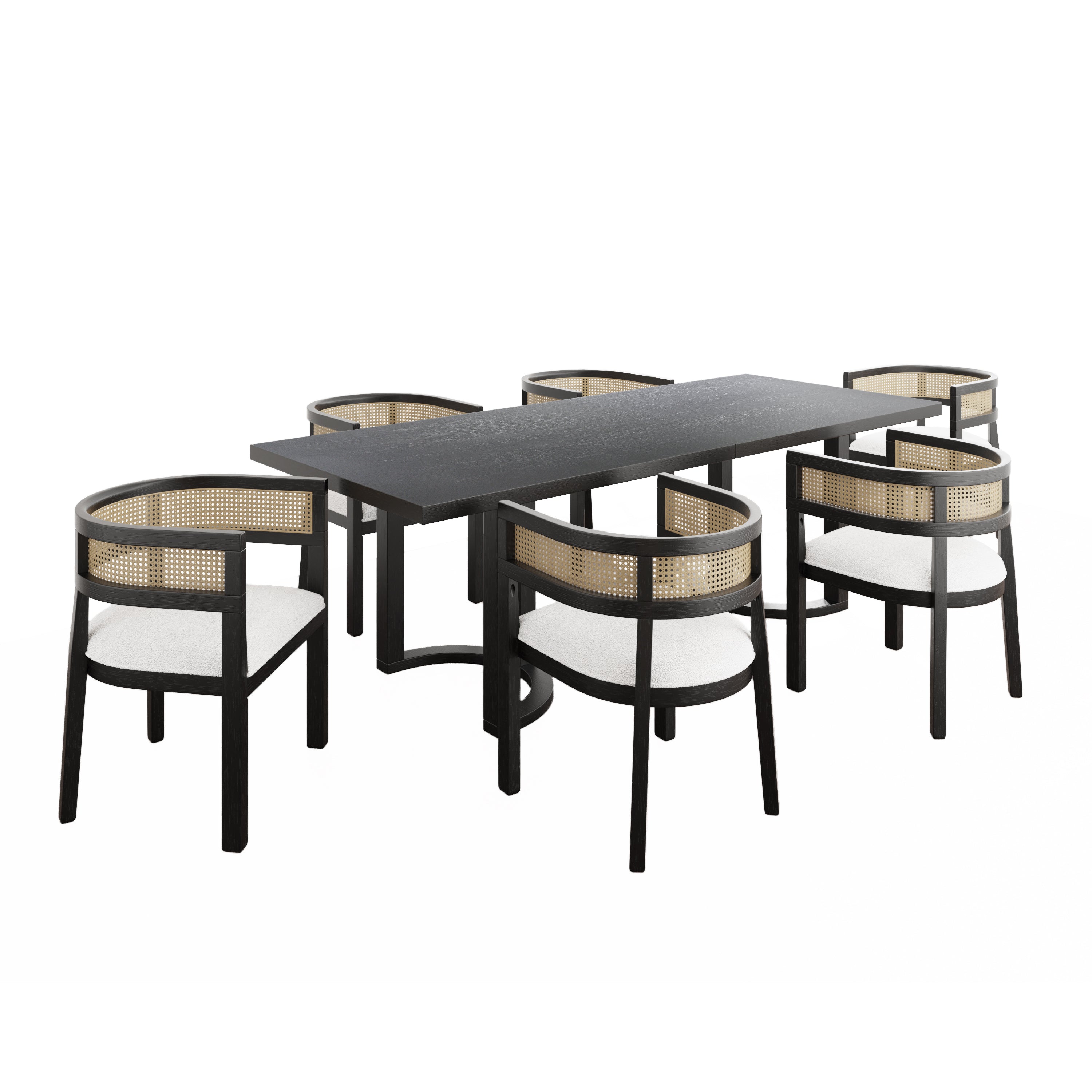 Asbury 7-Piece Mid-Century Modern Wood Upholstered Dining Set with Rattan U-Back Chairs
