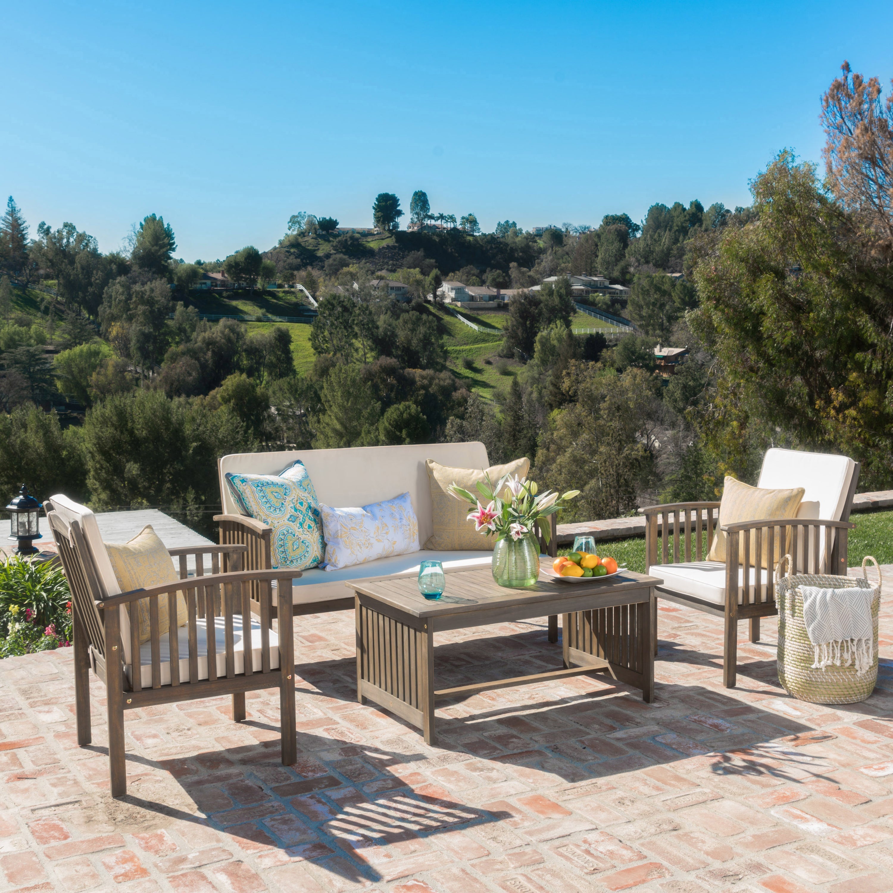 Tidewell 4 Piece Acacia Wood Outdoor Chat Set with Water-Resistant Cushions