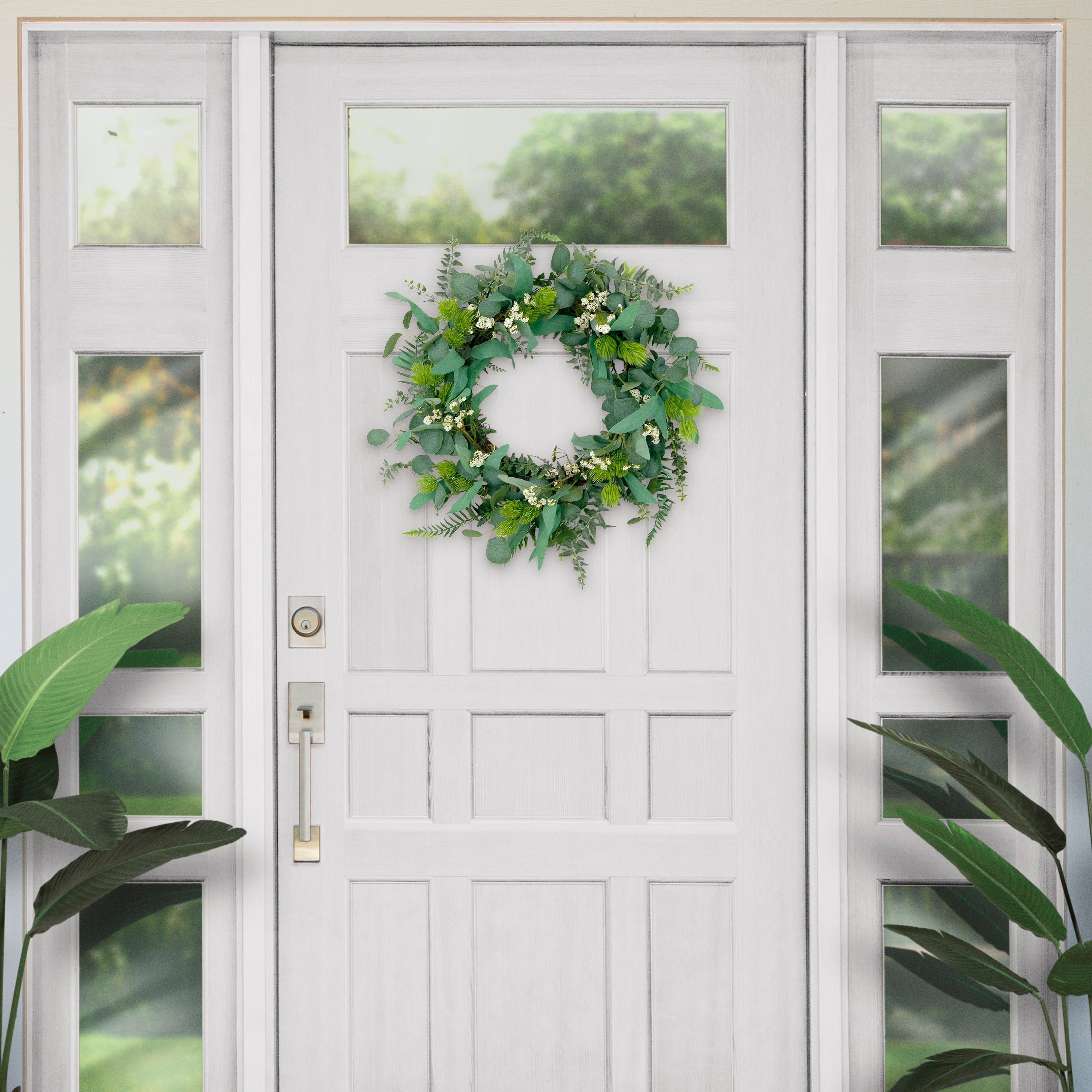 24" Artificial Eucalyptus Green and White Floral Spring Door Wreath