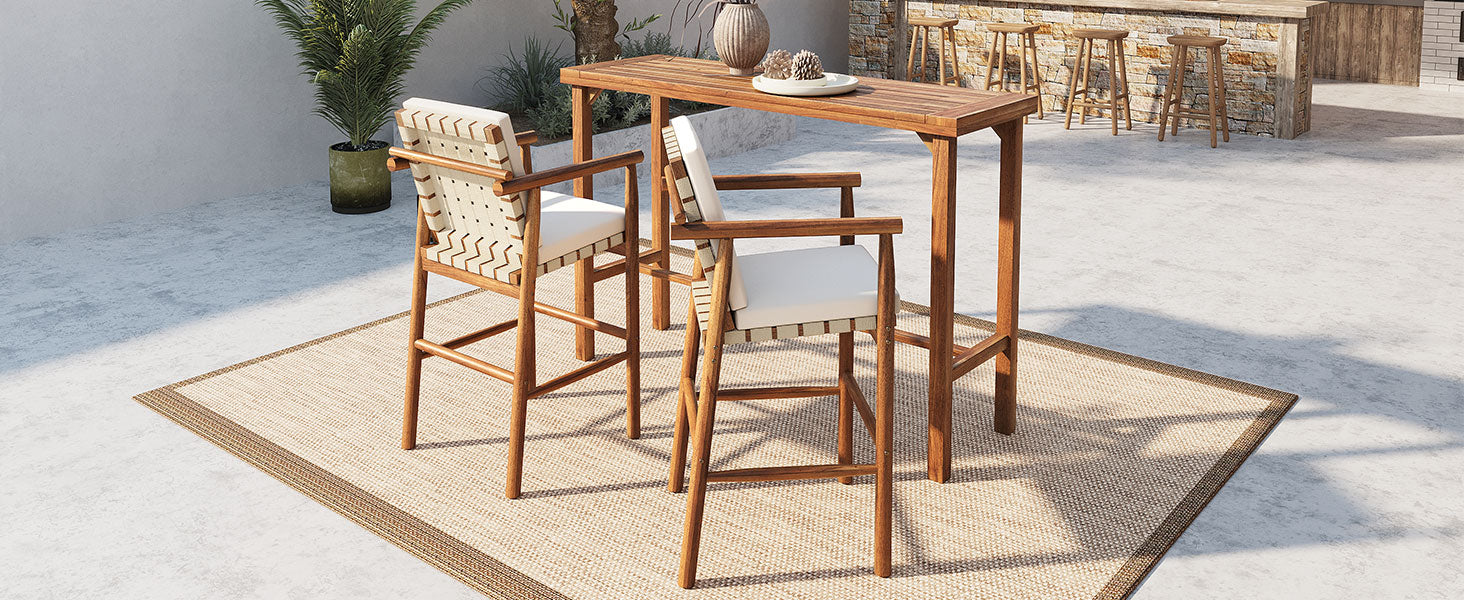 3 Piece Outdoor Bar Set with Acacia Wood Bar Height Table & 2 Stools with Cushions