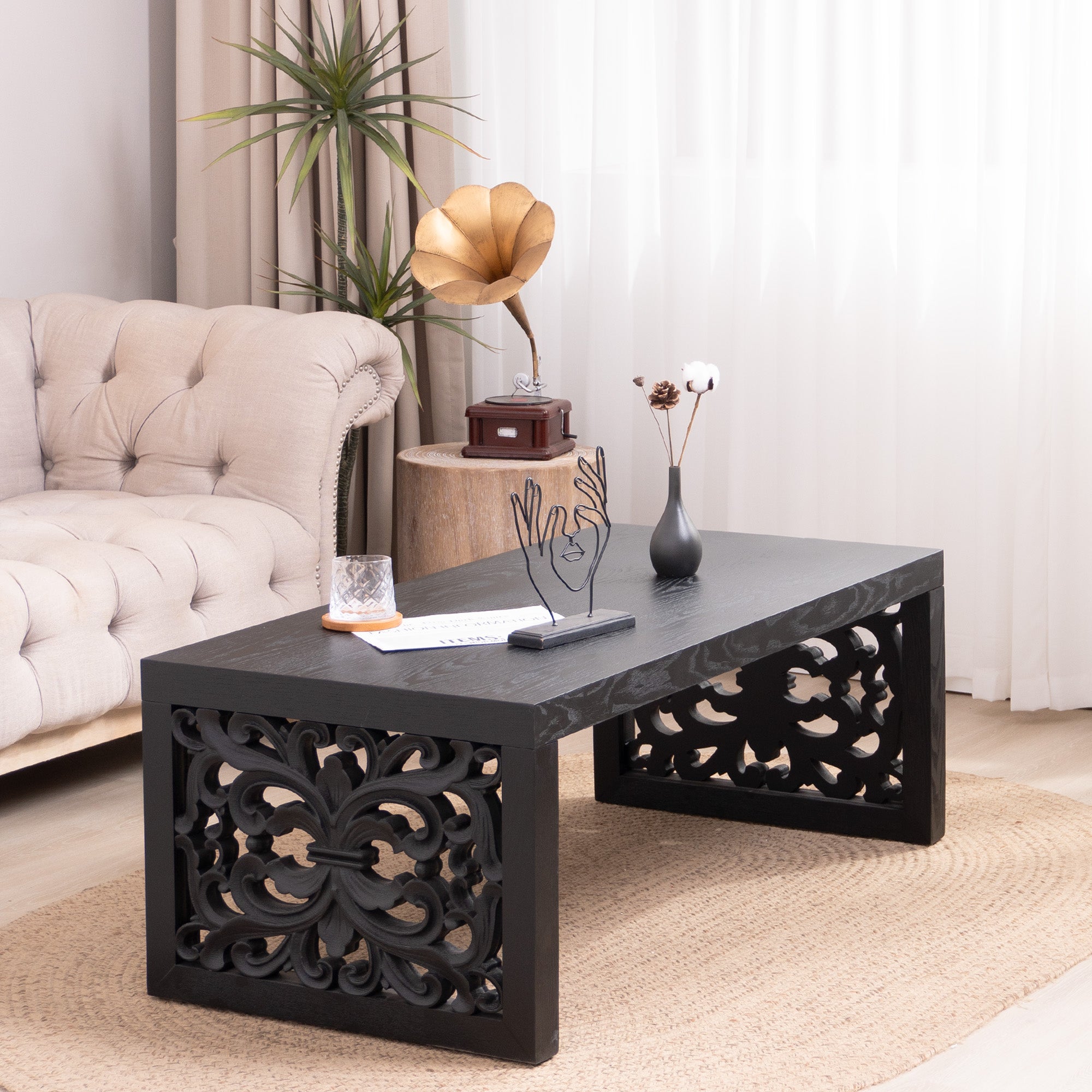 Handcrafted Rustic Wood Coffee Table with Ornate Side Panels