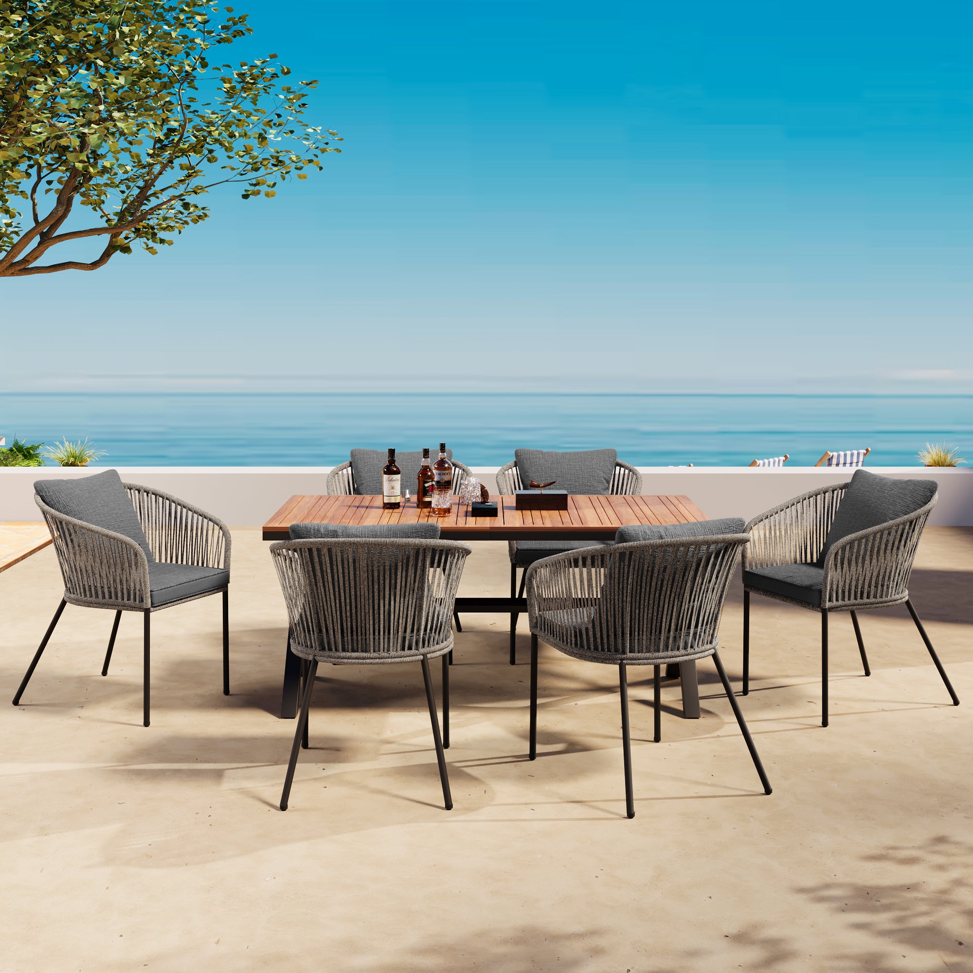 Exalted 7-Piece Outdoor Dining Set with Curved Back Chair and Rectangle Table