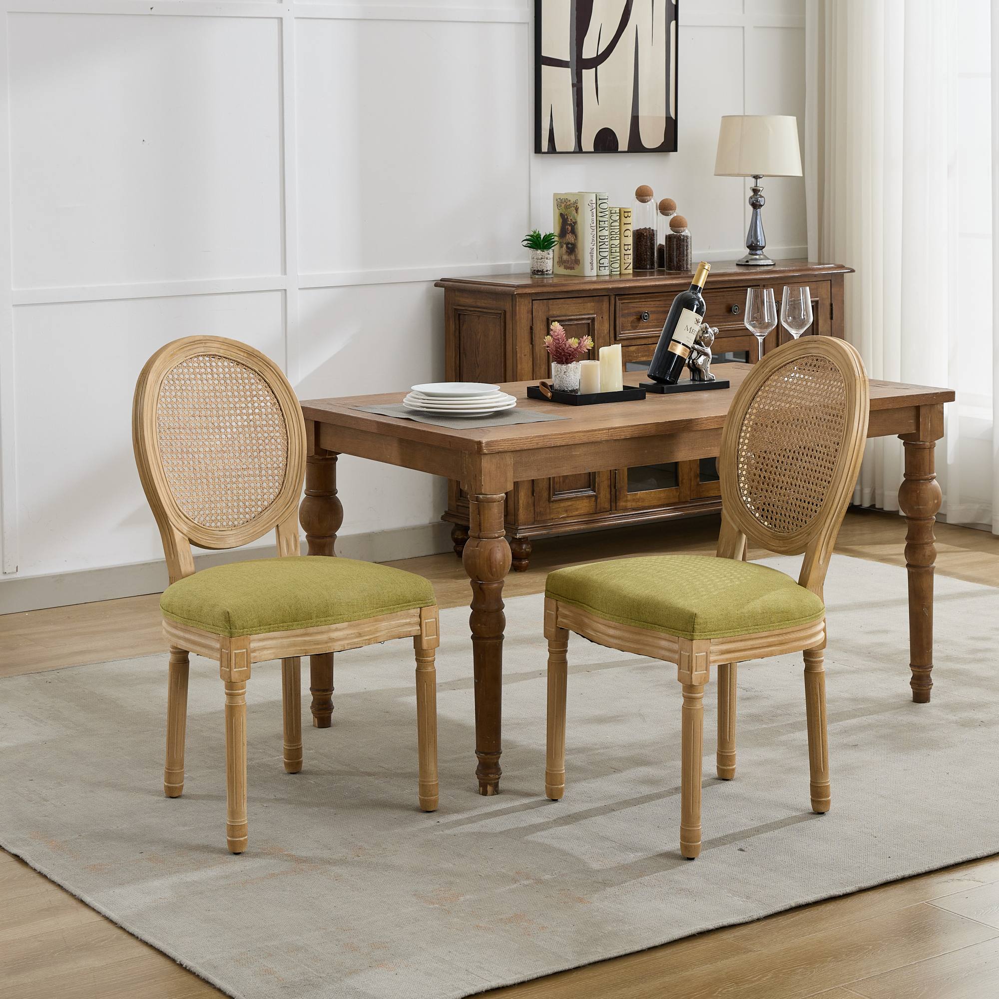 French Country Dining Chairs with Round Rattan Backrest, Set of 2