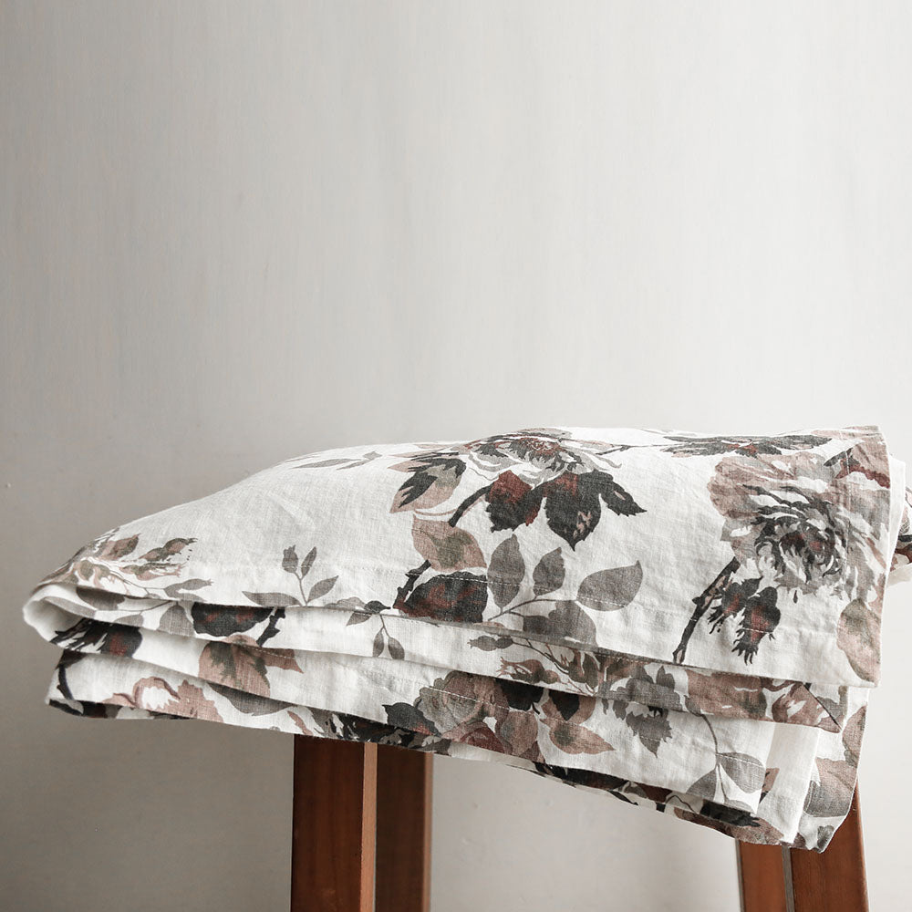 Handcrafted Linen Roses Tablecloth in Eggplant and Grey, 70 x 108 in