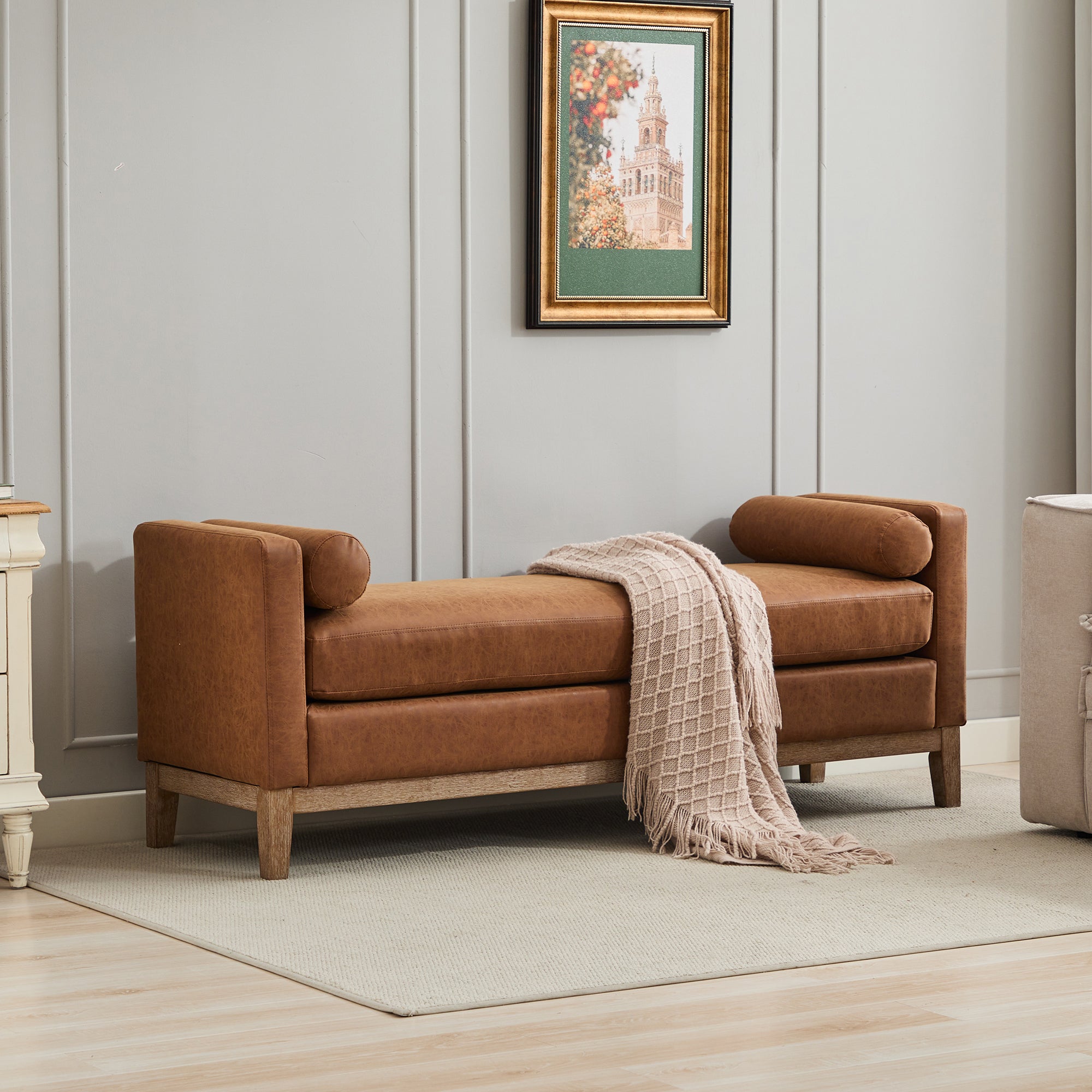 Upholstered Bench with Wood Legs and Two Bolster Pillows