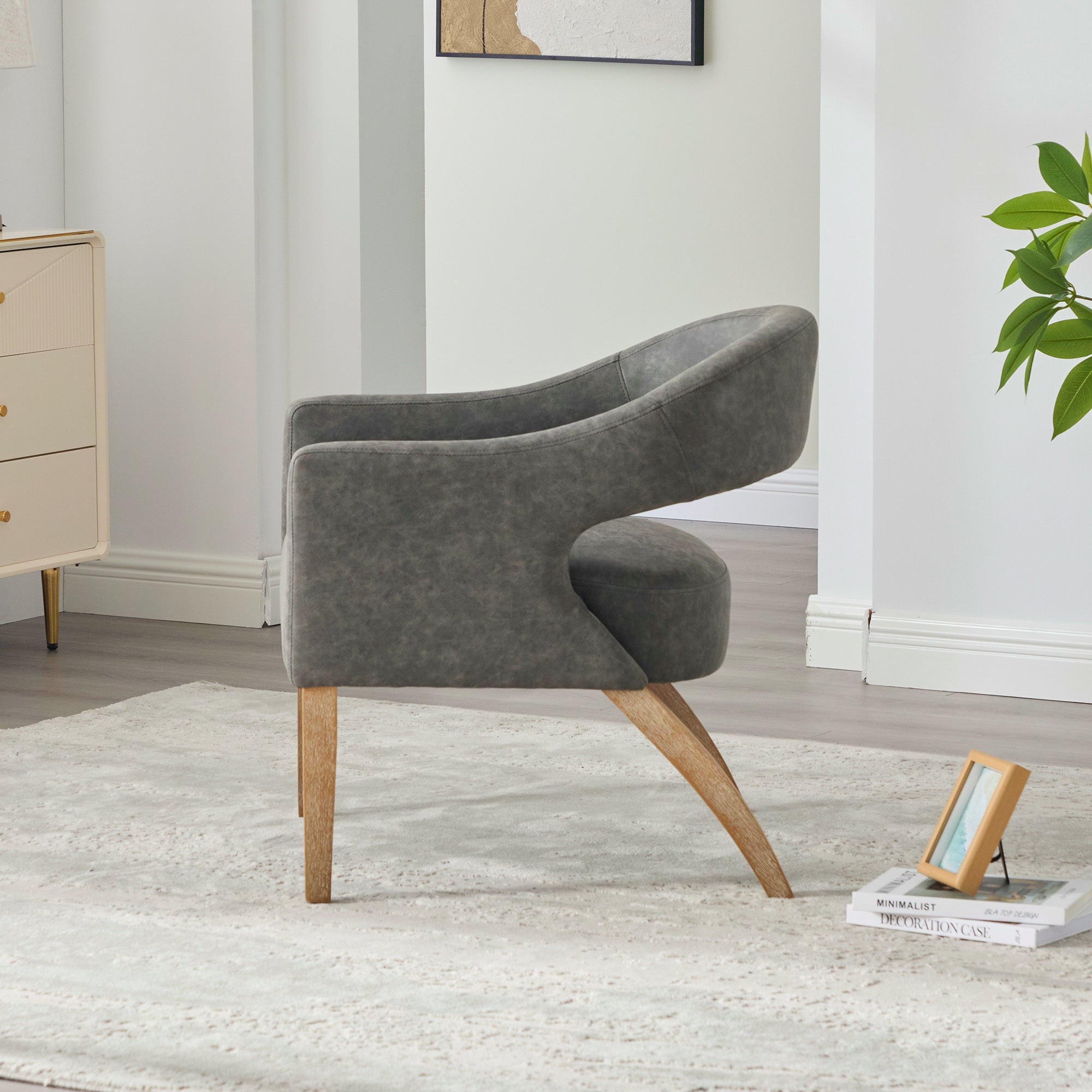 Mid-Century Modern Vegan Leather Open Back Accent Chair with Rubberwood Legs