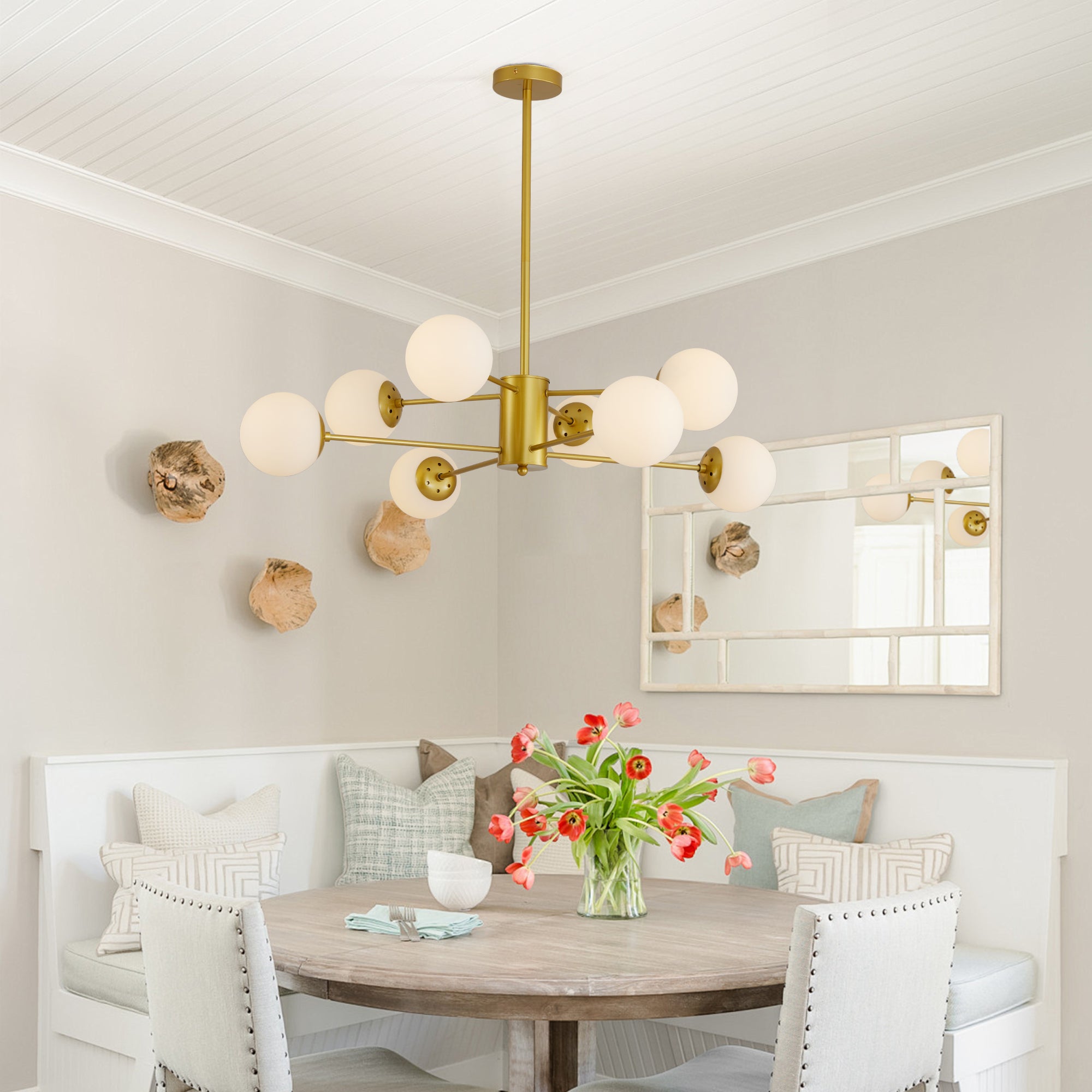 35" 8-Light Chandelier with White Glass Globe Shades