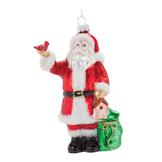 Glass-Santa-with-Cardinal-Bird-Ornament,-Set-of-6-Ornaments