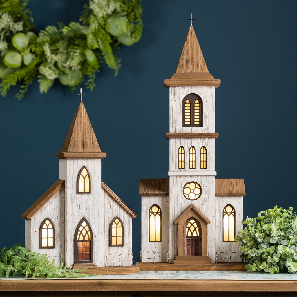 Lighted Natural Wooden Church Display with Rustic Metal Accents 25.25" - Brown