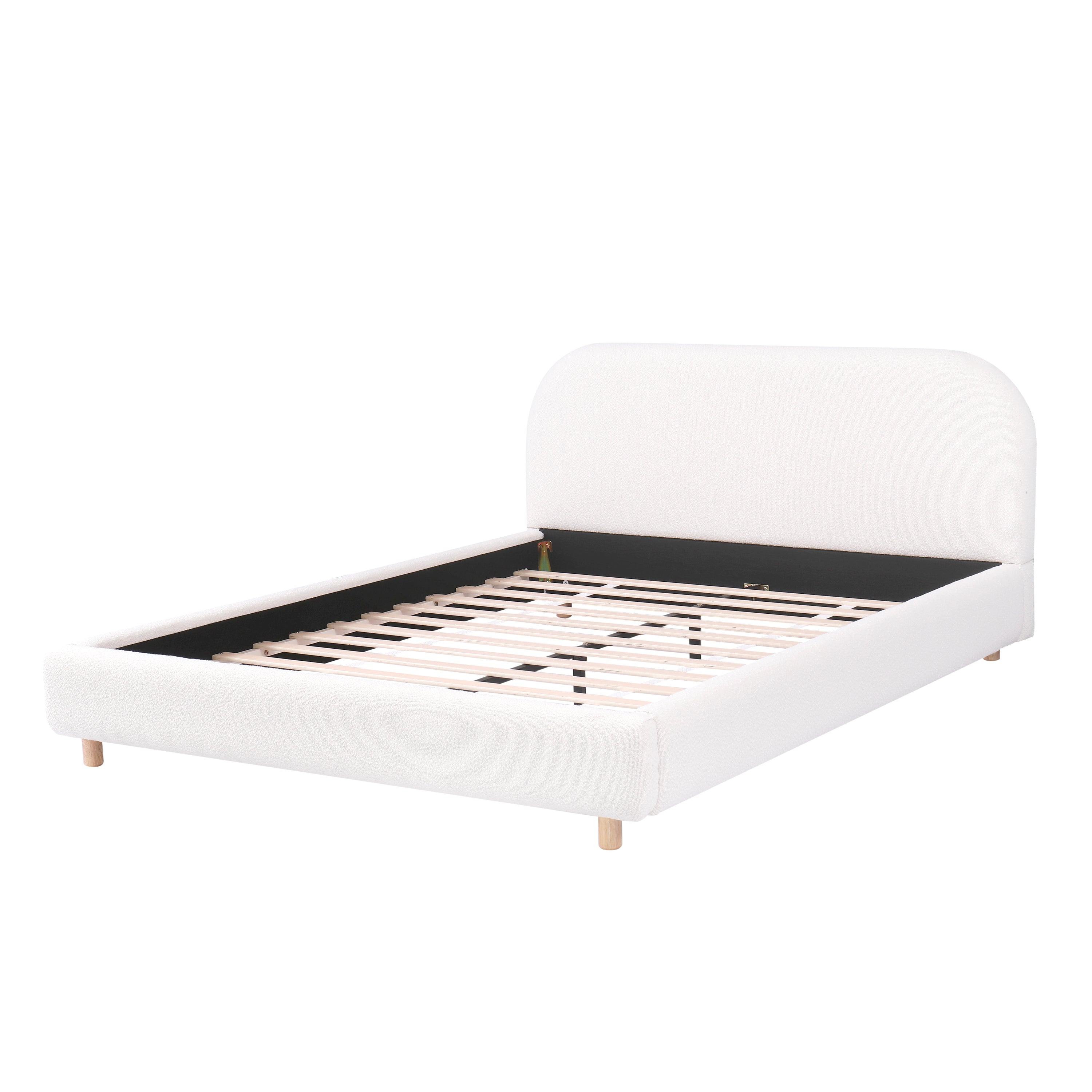 Boucle Fabric Upholstered Platform Bed with Curve-Shaped Design Headboard