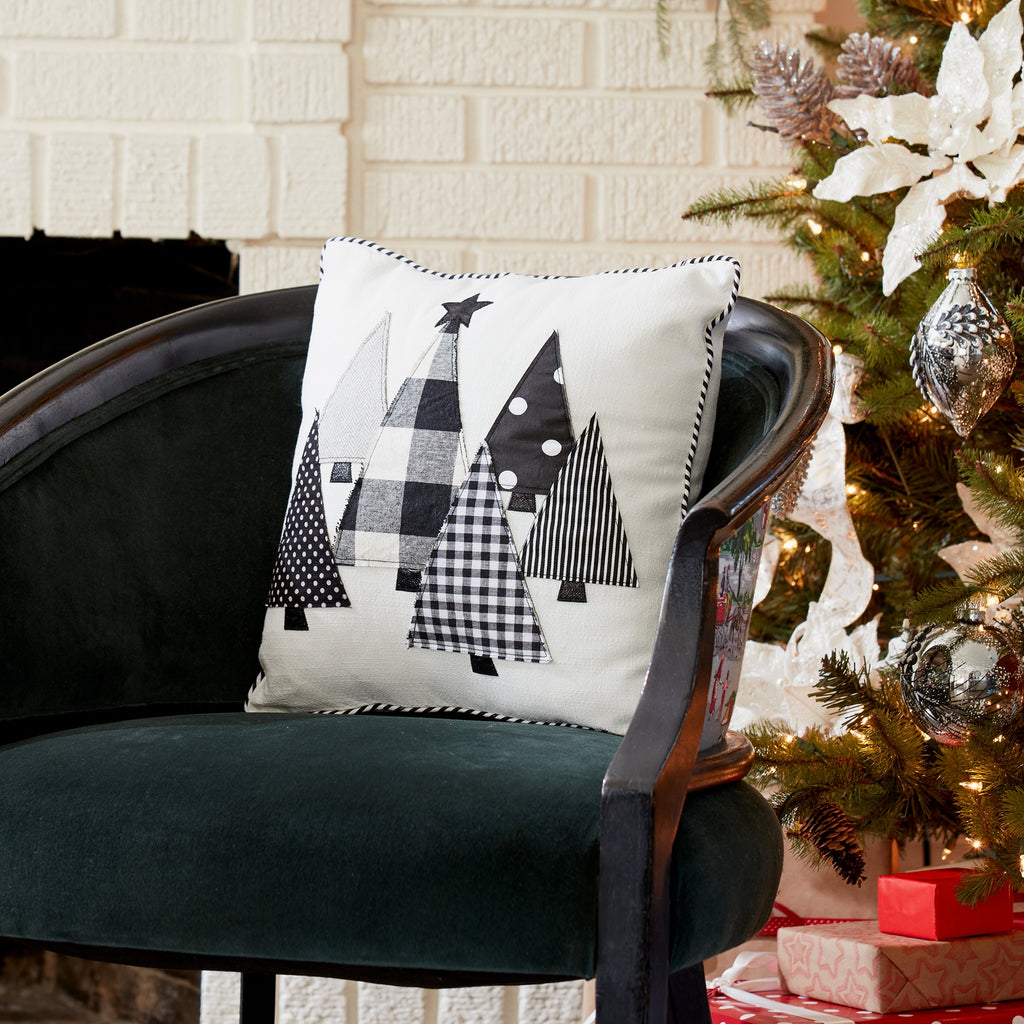 Black and White Holiday Tree Throw Pillow 15"