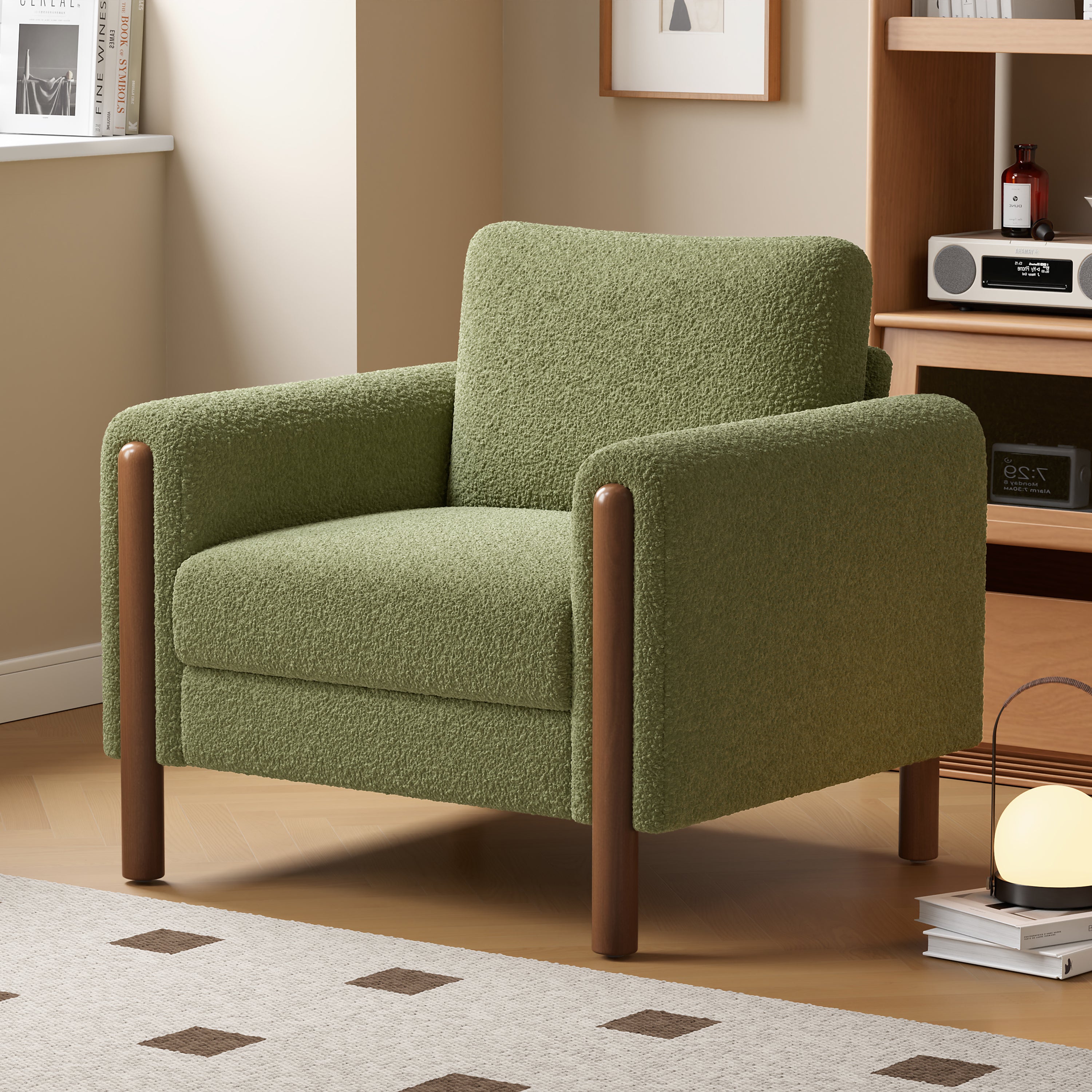 Upholstered Accent Chair with Walnut Legs and Curved Armrest