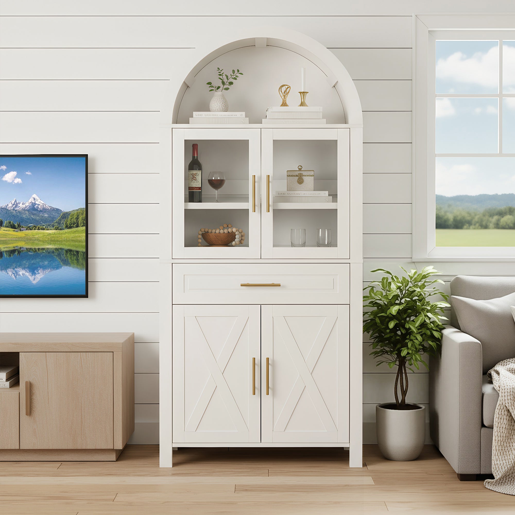 Farmhouse Arched Strage Cabinet with Glass Doors