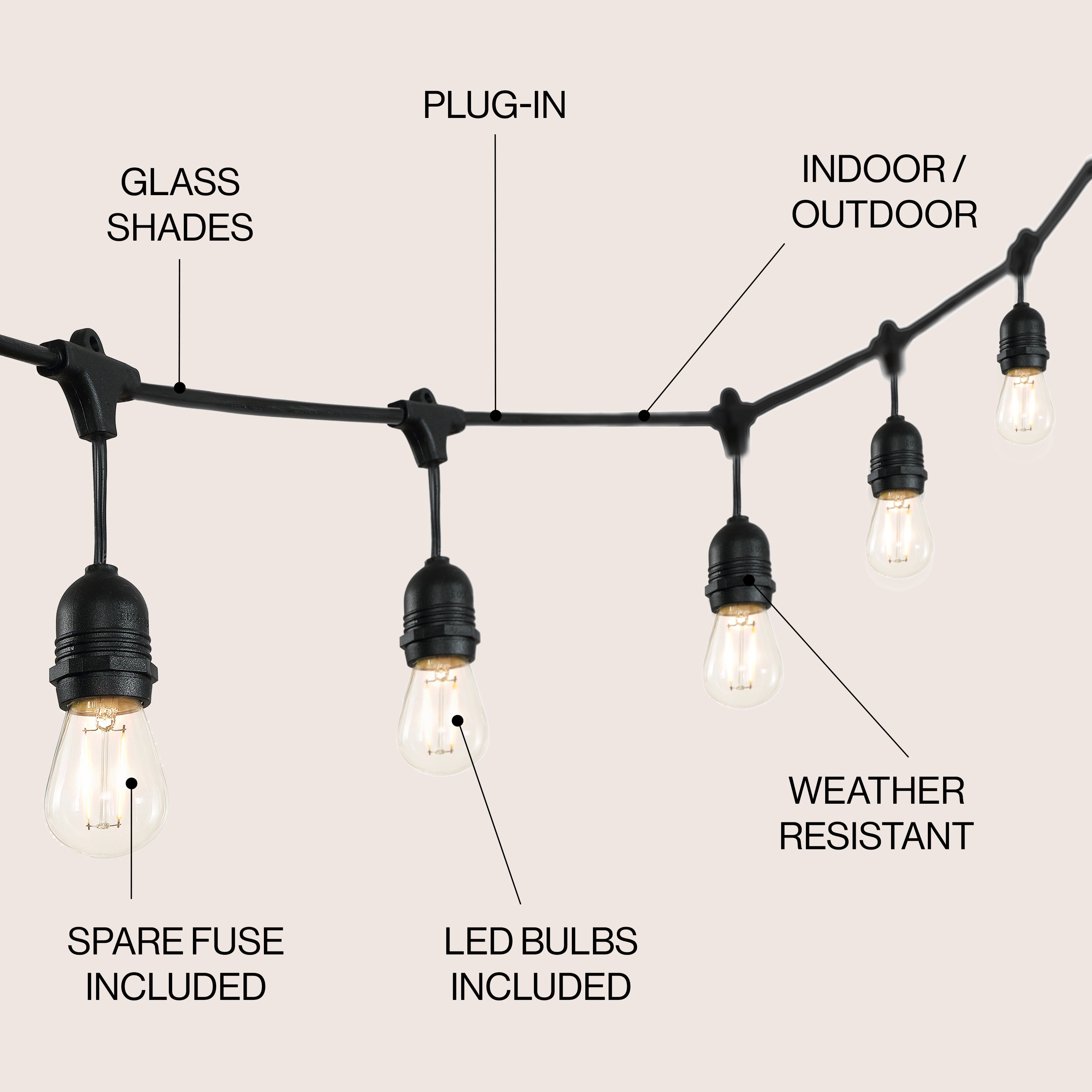 15-Light Indoor/Outdoor Rustic Industrial LED S14 Edison Bulb String Lights