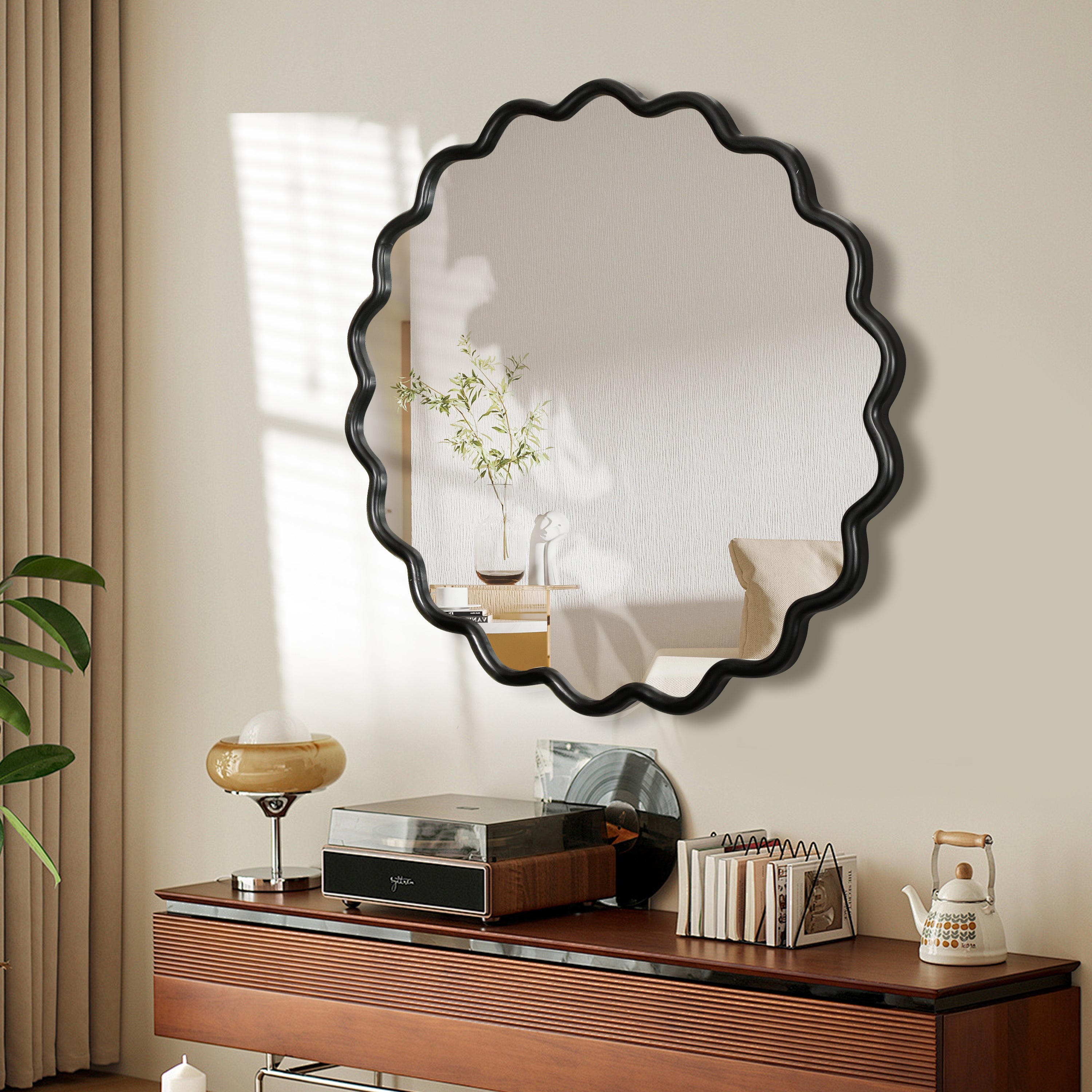 Solid Wood Wavy Mirror Black Vanity Mirror Wall Decor