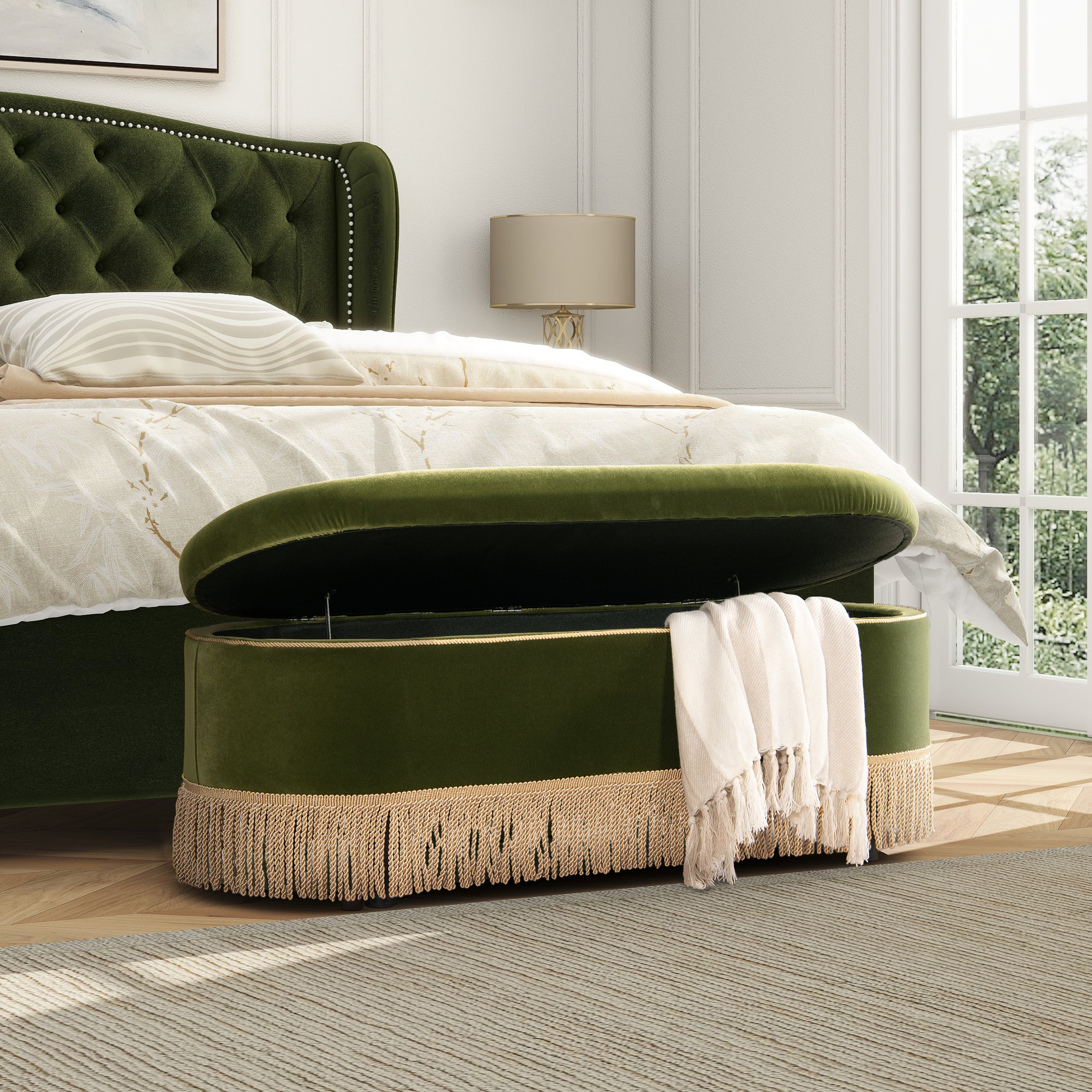 Melinda Oval Tufted Velvet and Bullion Fringe Storage Bench
