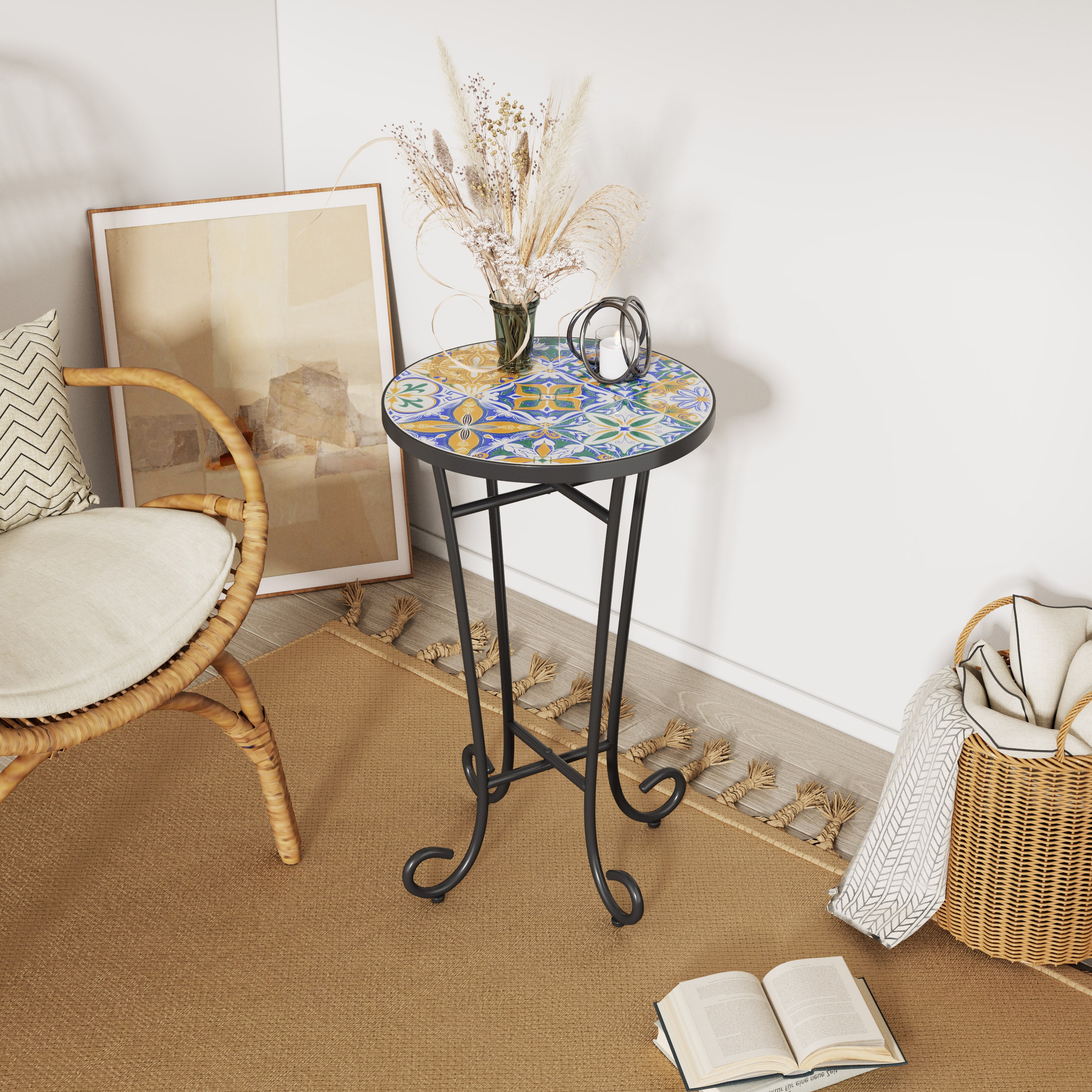 Warmthly Outdoor Round Side Table with Vibrant Tile Top and Elegant Scrolling Legs